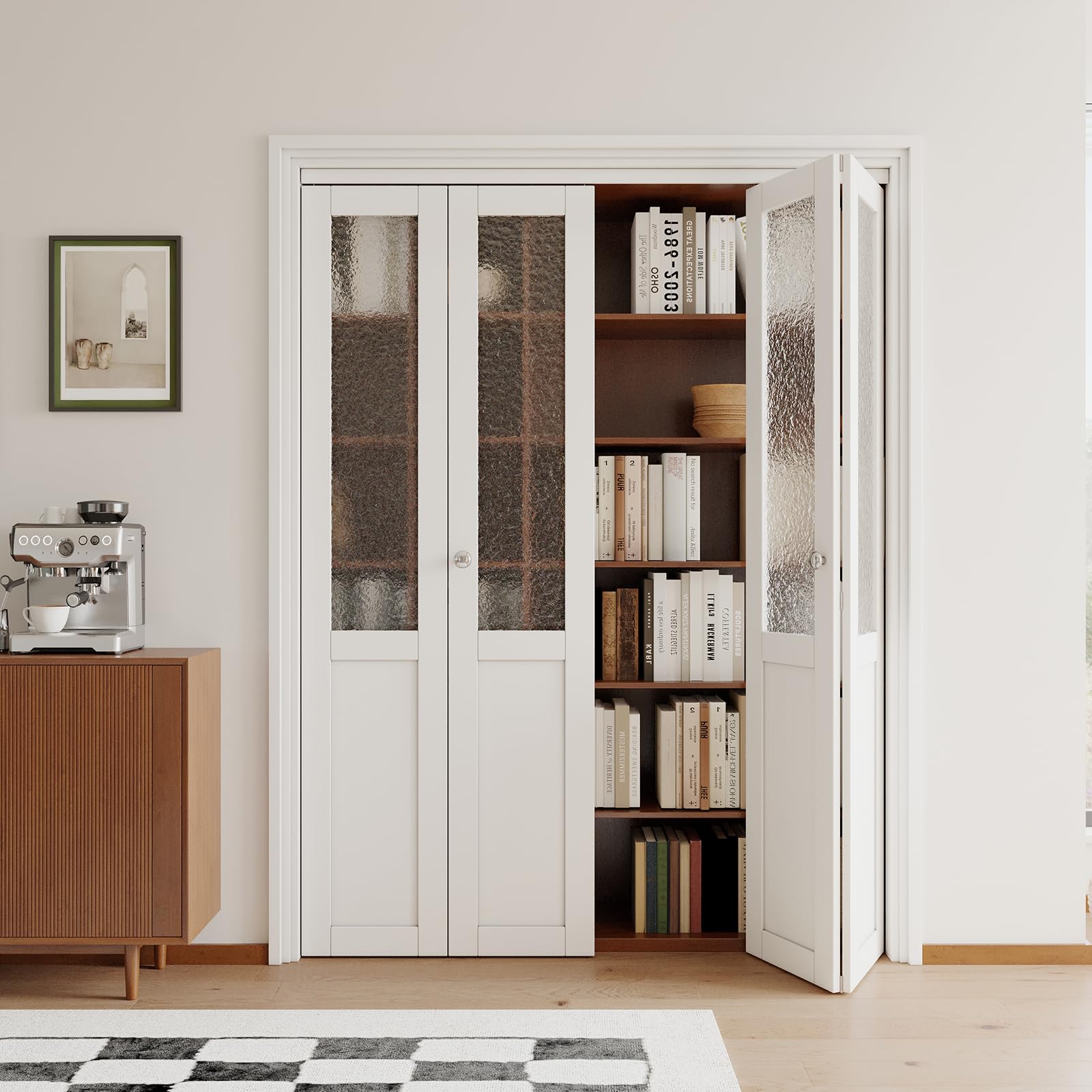 JUJUBON Bi-Fold Doors for Opening, Half Tempered Frosted Glass Closet Door with MDF Panel Hardware Kit Included, Interior Folding Door Easy Assembly