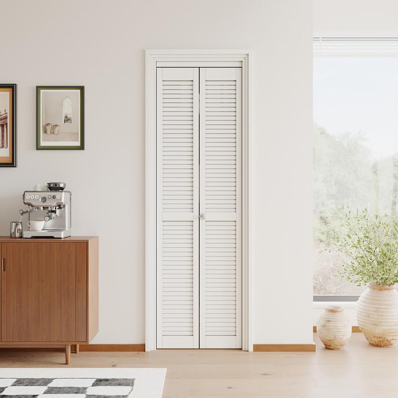 JUJUBON Louvre Bi-Fold Doors for Opening, Solid MDF Panel Closet Door Hardware Kit Included, Interior Folding Door Pre-Drilled Holes Easy Assembly