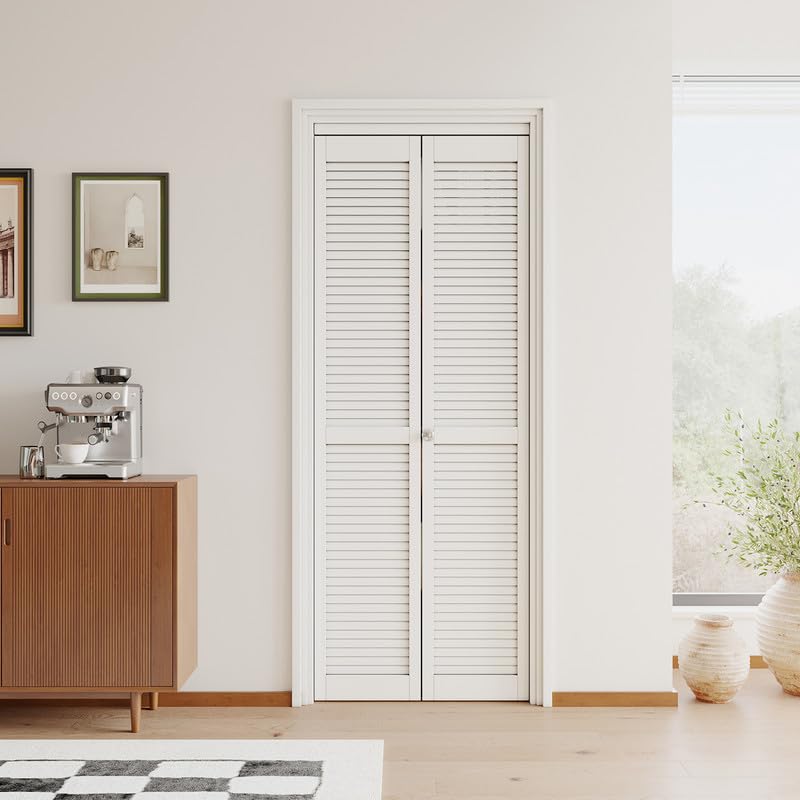 JUJUBON Louvre Bi-Fold Doors for Opening, Solid MDF Panel Closet Door Hardware Kit Included, Interior Folding Door Pre-Drilled Holes Easy Assembly
