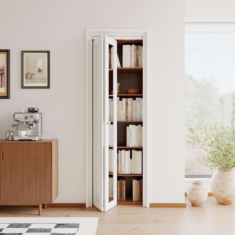 JUJUBON Bi-Fold Doors, One Side Mirrored Closet Door with Hardware Kit, Solid MDF Interior Folding Door Easy Install-White