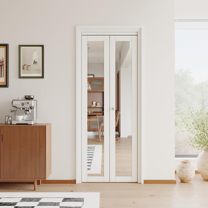 JUJUBON Bi-Fold Doors, One Side Mirrored Closet Door with Hardware Kit, Solid MDF Interior Folding Door Easy Install-White