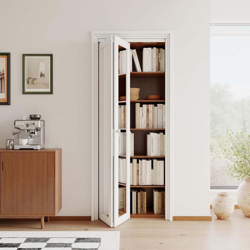 JUJUBON Bi-Fold Doors, One Side Mirrored Closet Door with Hardware Kit, Solid MDF Interior Folding Door Easy Install-White