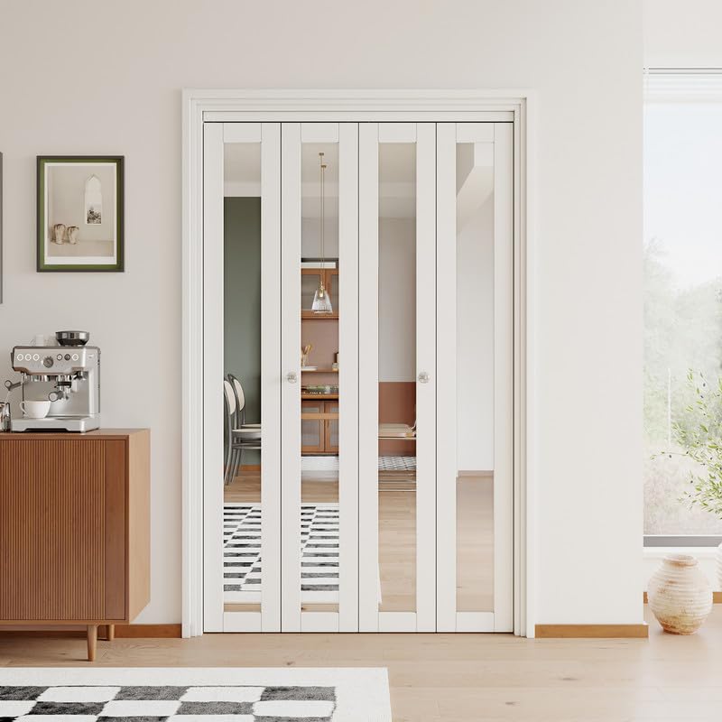 JUJUBON Bi-Fold Doors, One Side Mirrored Closet Door with Hardware Kit, Solid MDF Interior Folding Door Easy Install-White