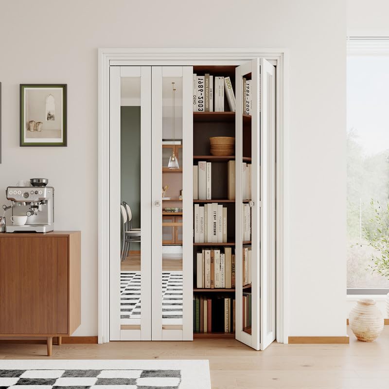 JUJUBON Bi-Fold Doors, One Side Mirrored Closet Door with Hardware Kit, Solid MDF Interior Folding Door Easy Install-White