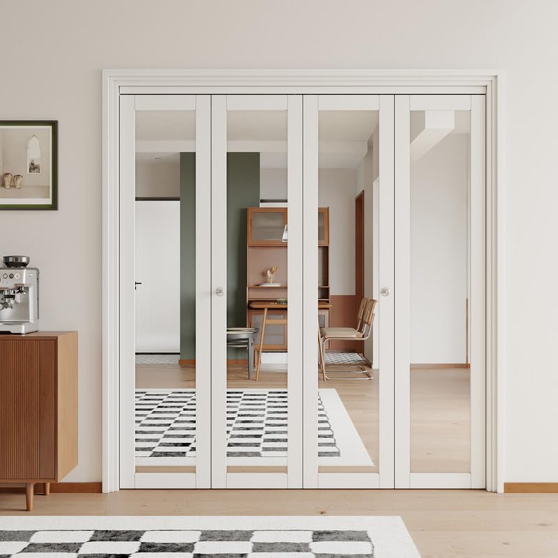 JUJUBON Bi-Fold Doors, One Side Mirrored Closet Door with Hardware Kit, Solid MDF Interior Folding Door Easy Install-White