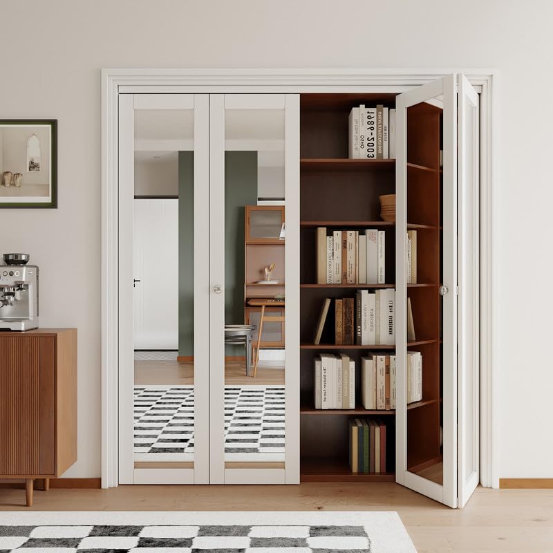 JUJUBON Bi-Fold Doors, One Side Mirrored Closet Door with Hardware Kit, Solid MDF Interior Folding Door Easy Install-White