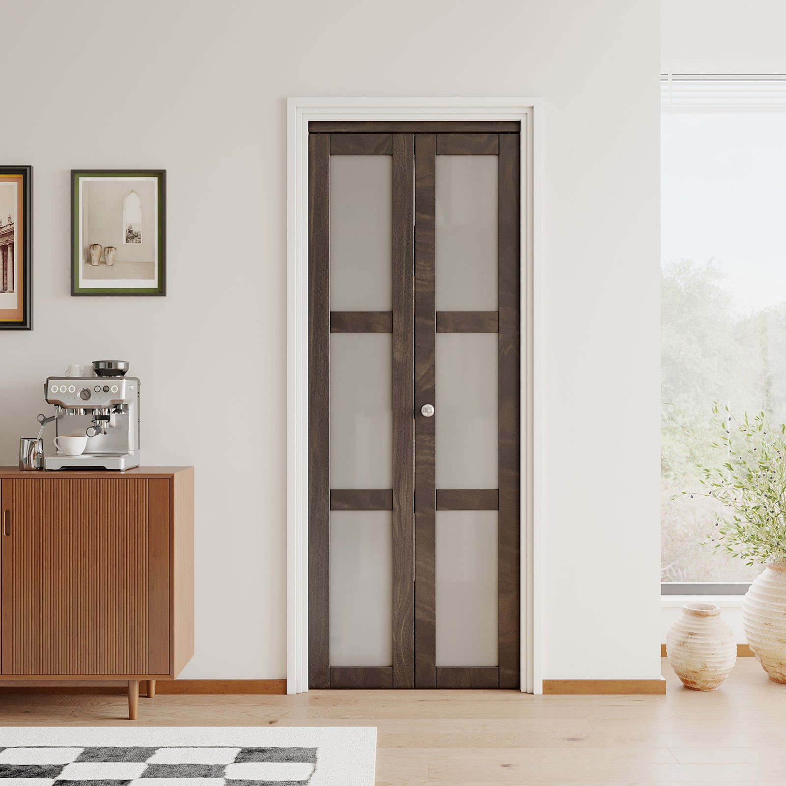 JUJUBON Bi-Fold Doors, 3-Lite Tempered Frosted Glass Closet Door Hardware Kit Included, Interior Folding Door Pre-Drilled Easy Assembly, Ancient Wood Color
