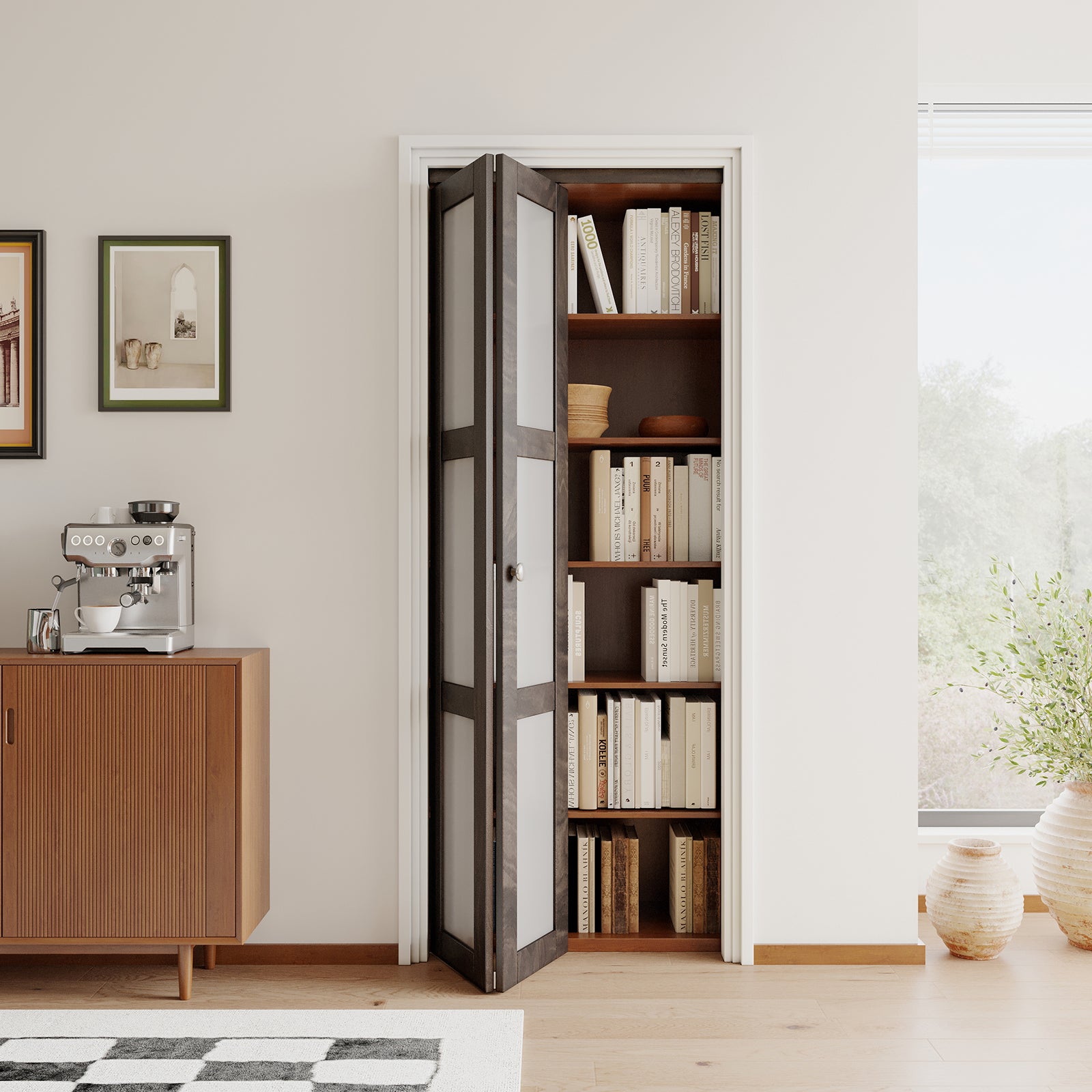 JUJUBON Bi-Fold Doors, 3-Lite Tempered Frosted Glass Closet Door Hardware Kit Included, Interior Folding Door Pre-Drilled Easy Assembly, Ancient Wood Color