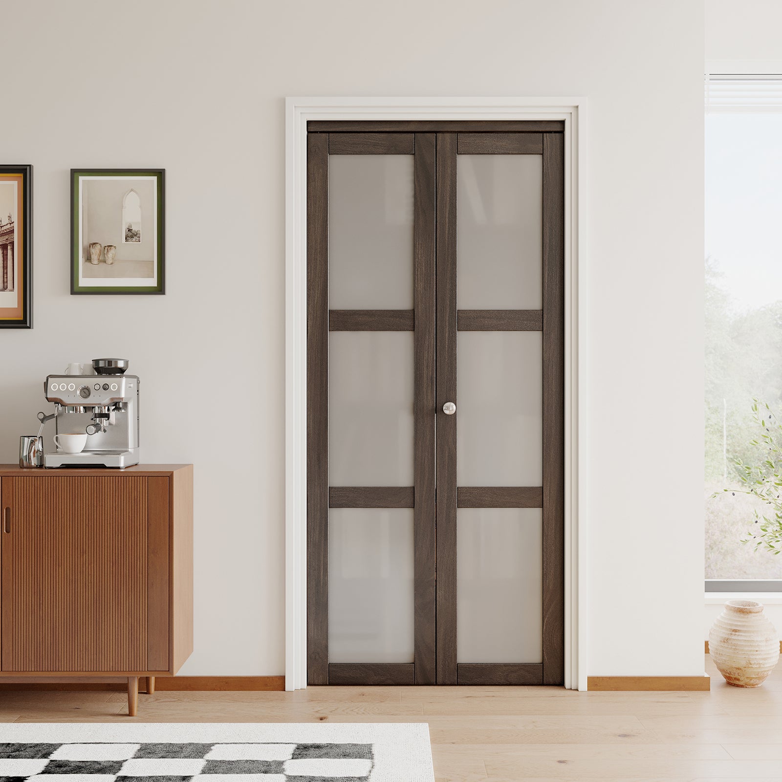 JUJUBON Bi-Fold Doors, 3-Lite Tempered Frosted Glass Closet Door Hardware Kit Included, Interior Folding Door Pre-Drilled Easy Assembly, Ancient Wood Color