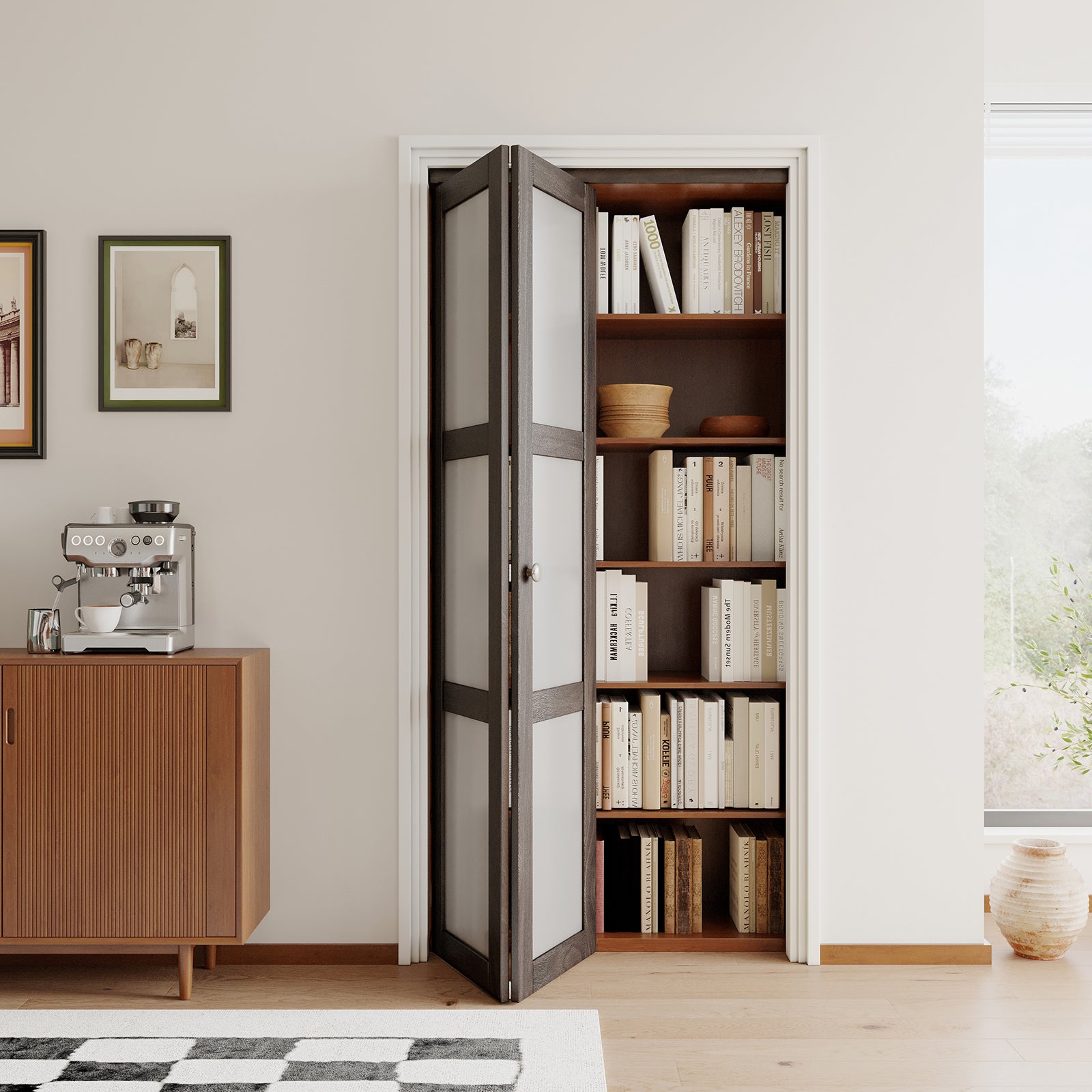 JUJUBON Bi-Fold Doors, 3-Lite Tempered Frosted Glass Closet Door Hardware Kit Included, Interior Folding Door Pre-Drilled Easy Assembly, Ancient Wood Color