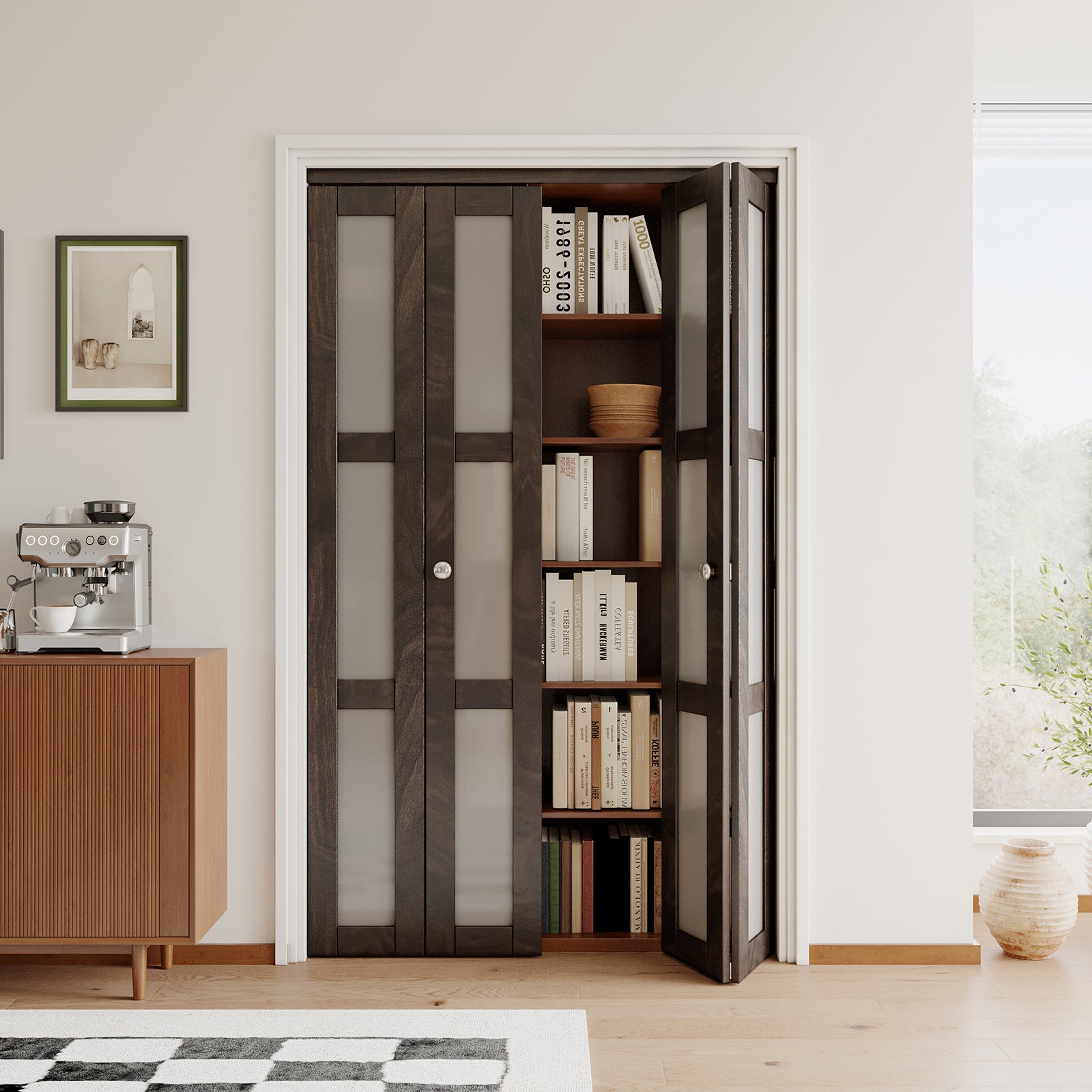 JUJUBON Bi-Fold Doors, 3-Lite Tempered Frosted Glass Closet Door Hardware Kit Included, Interior Folding Door Pre-Drilled Easy Assembly, Ancient Wood Color