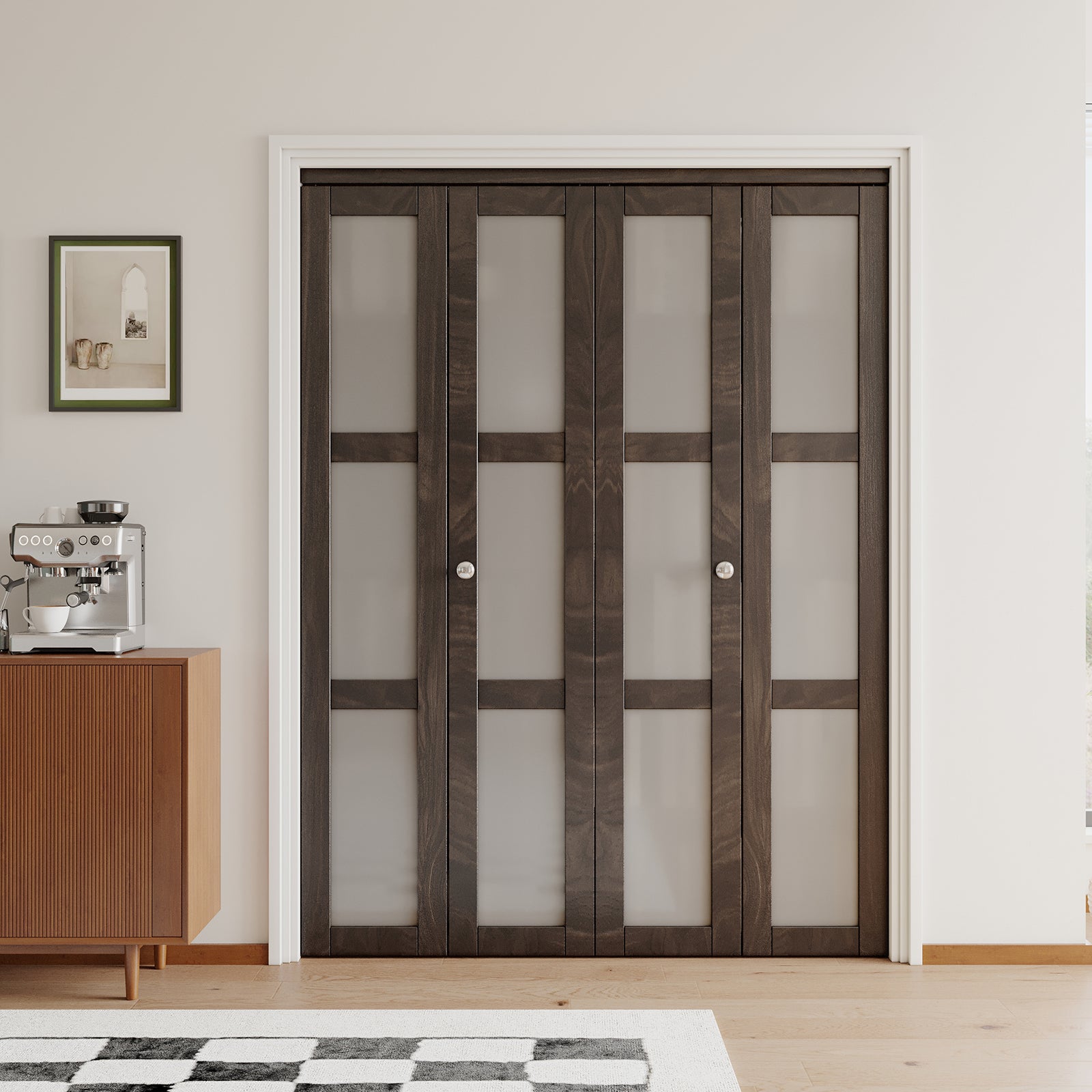 JUJUBON Bi-Fold Doors, 3-Lite Tempered Frosted Glass Closet Door Hardware Kit Included, Interior Folding Door Pre-Drilled Easy Assembly, Ancient Wood Color