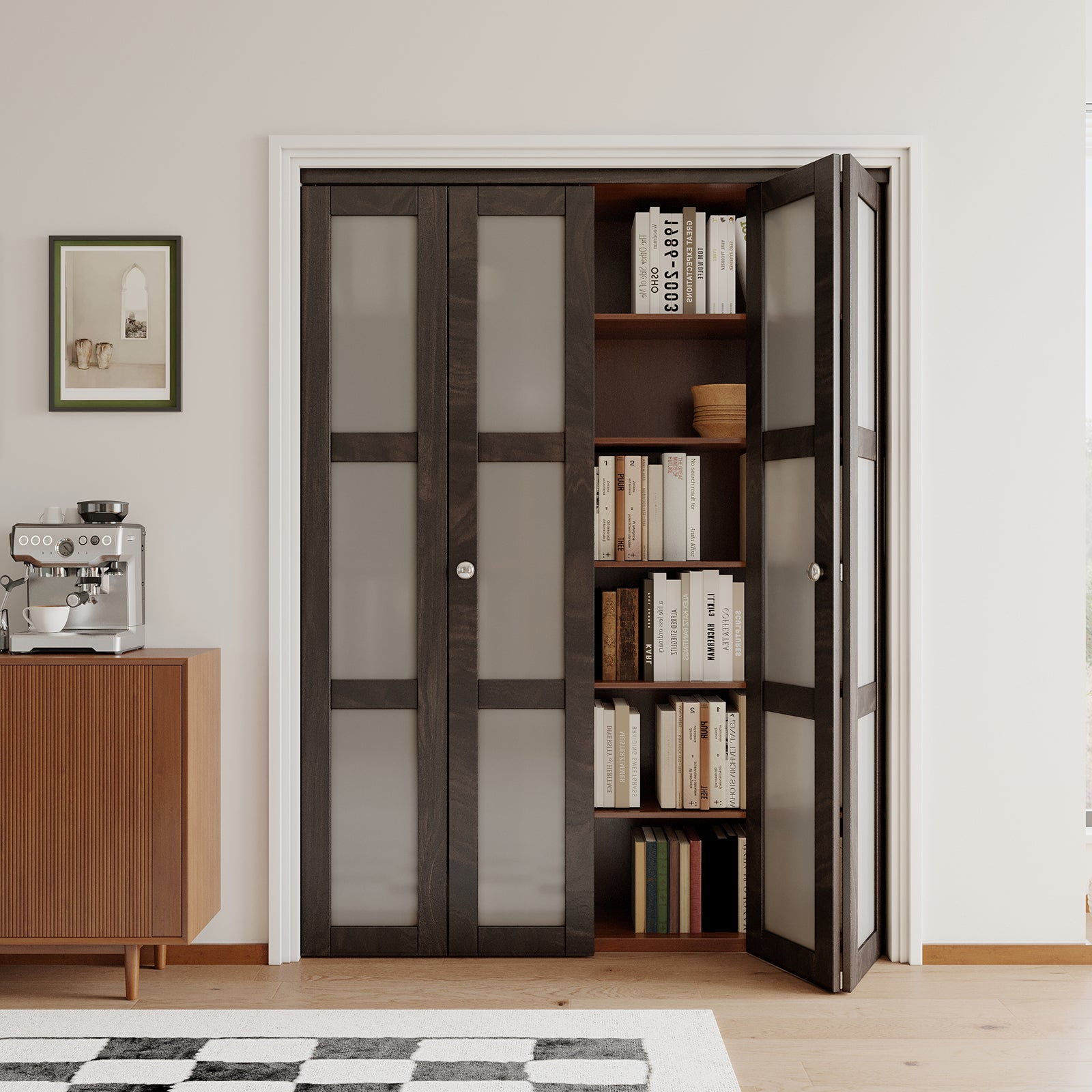 JUJUBON Bi-Fold Doors, 3-Lite Tempered Frosted Glass Closet Door Hardware Kit Included, Interior Folding Door Pre-Drilled Easy Assembly, Ancient Wood Color