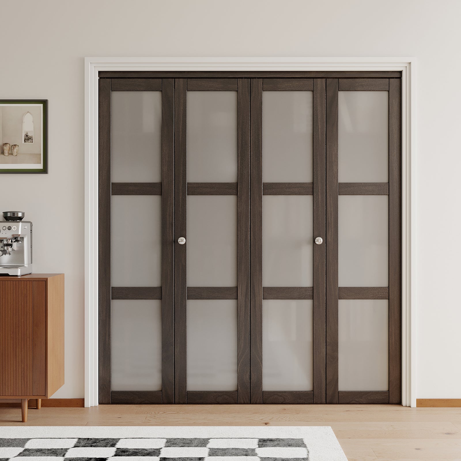 JUJUBON Bi-Fold Doors, 3-Lite Tempered Frosted Glass Closet Door Hardware Kit Included, Interior Folding Door Pre-Drilled Easy Assembly, Ancient Wood Color