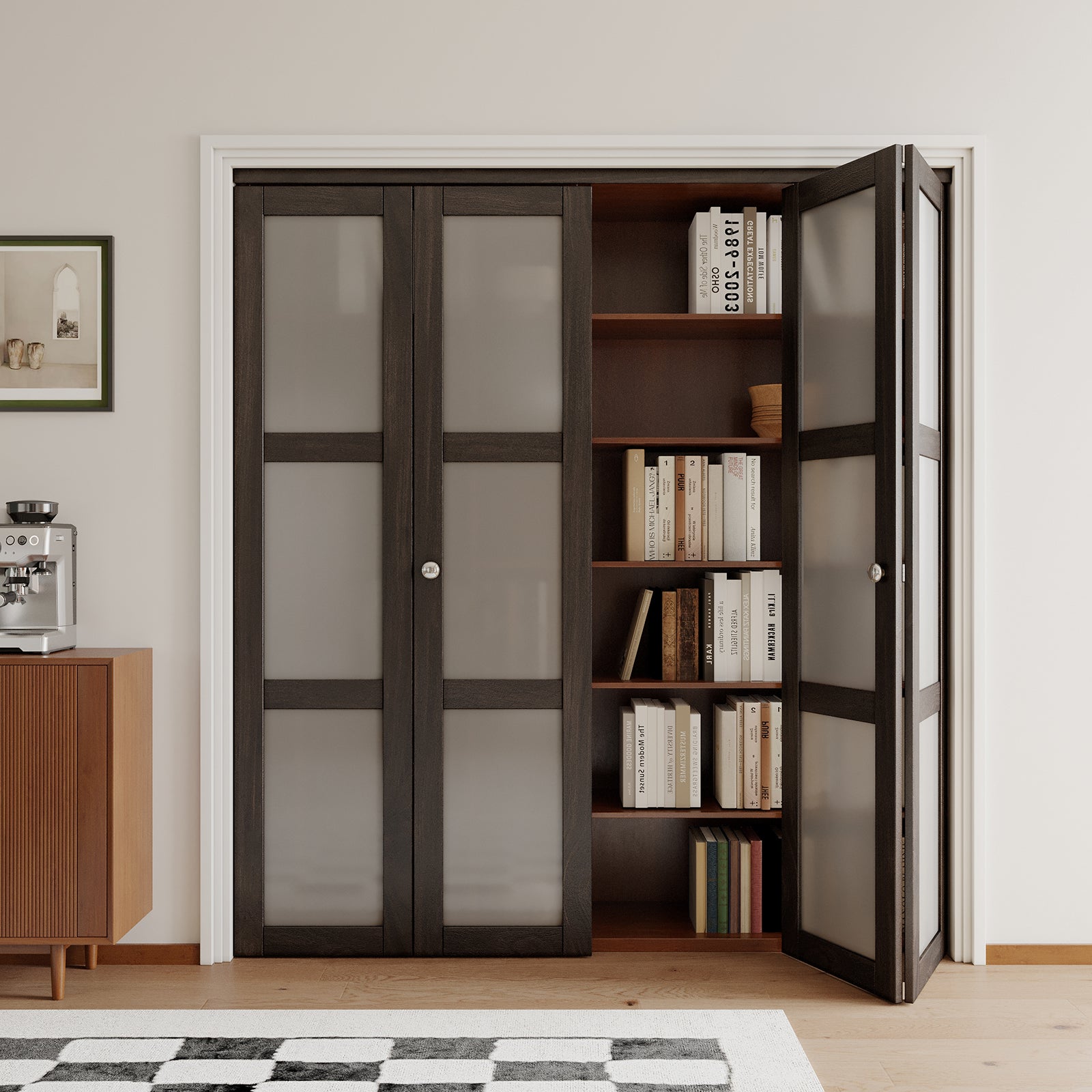 JUJUBON Bi-Fold Doors, 3-Lite Tempered Frosted Glass Closet Door Hardware Kit Included, Interior Folding Door Pre-Drilled Easy Assembly, Ancient Wood Color
