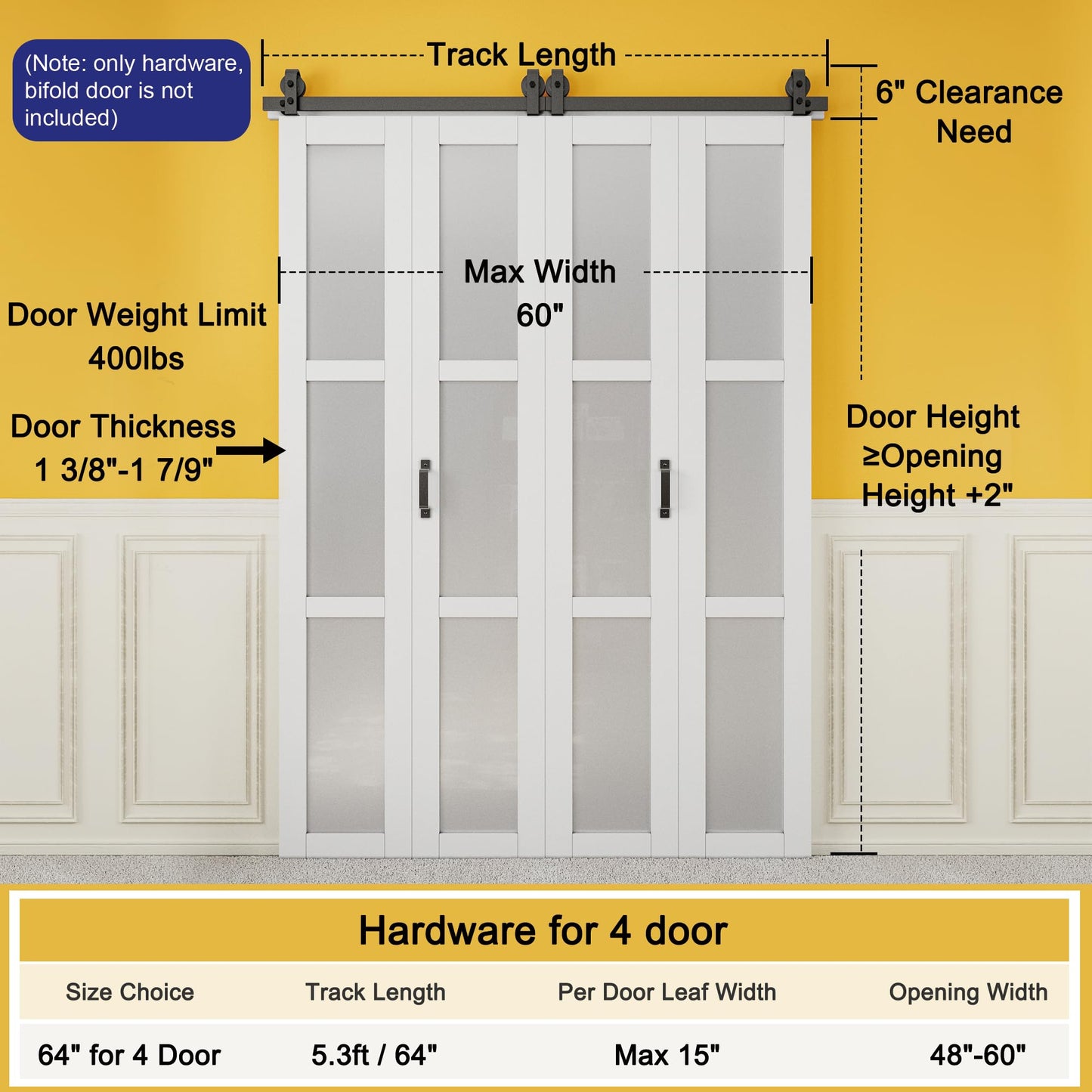 JUJUBON Bifold Barn Door Hardware Kit for Four Doors, Heavy Duty Bi Fold Barn Door Hardware Kit, Top Mount Roller, Slide Smoothly Quietly (2 Handles As Gifts, NO Door)