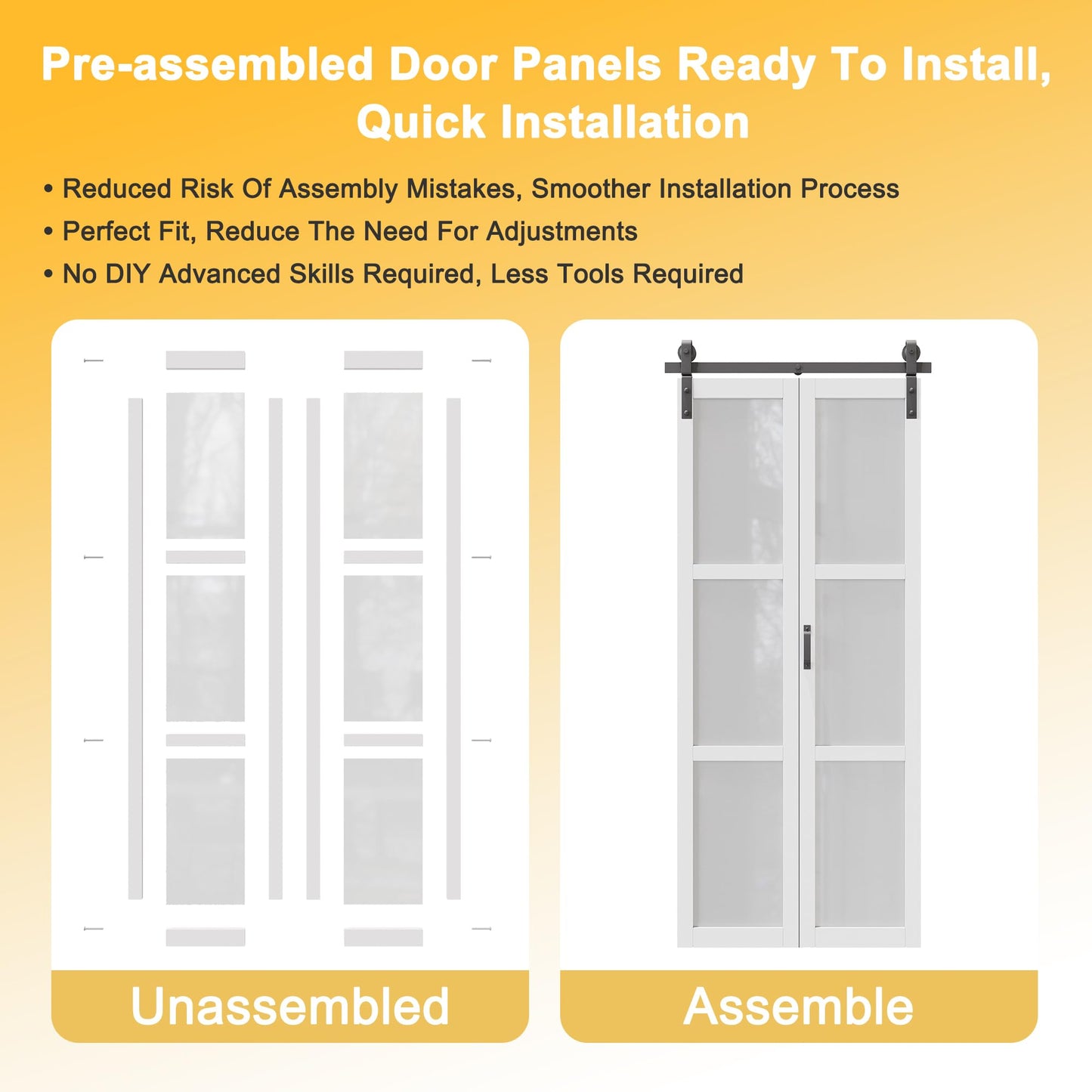 Paintable Bifold Barn Door, Fingerprint-Resistant Frosted Glass Bifold Barn Door with Good Privacy, Pre-Assembled Solid Core MDF Panels for Closet Pantry Laundry, Easily Install