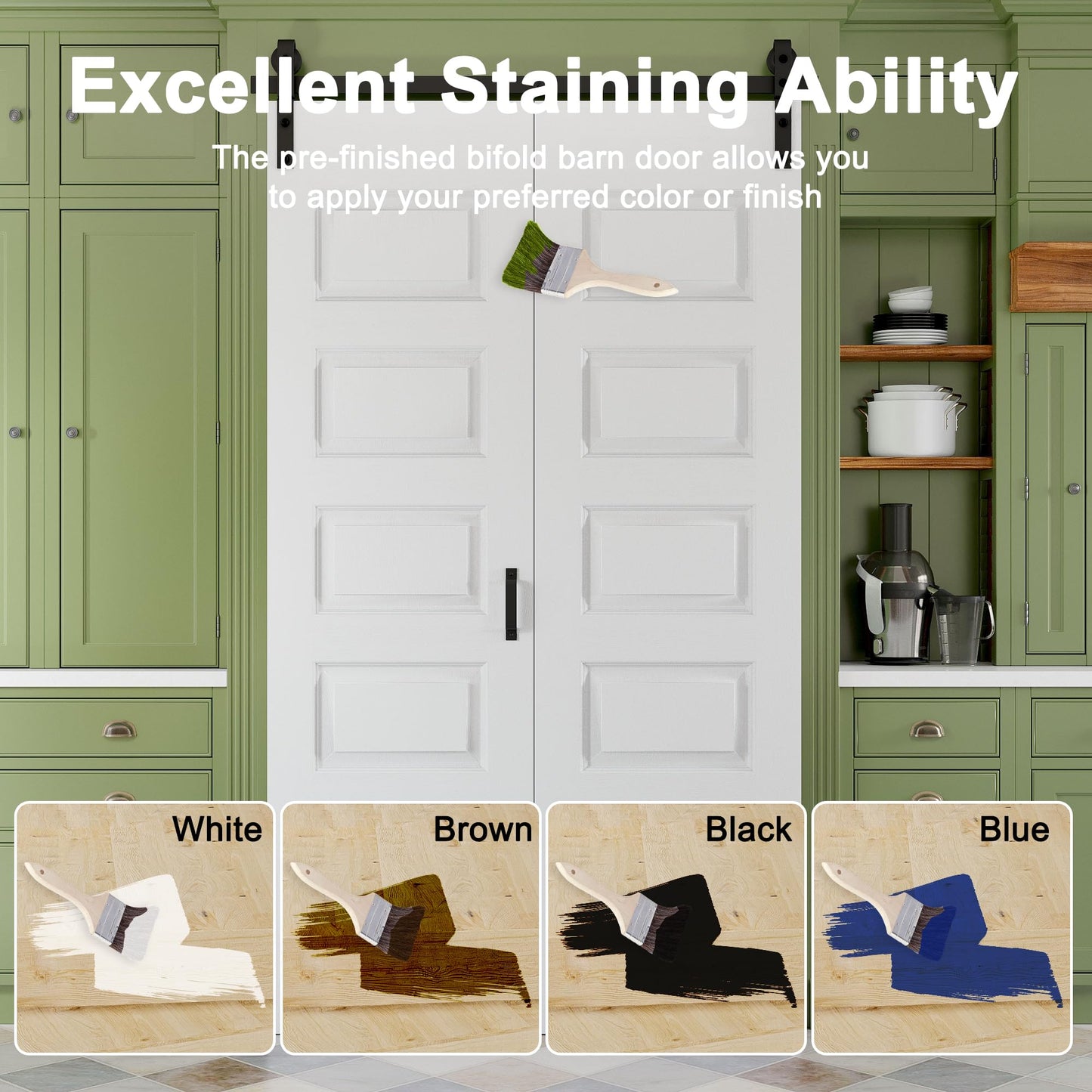Paintable Bifold Barn Door, No Assembly Required, 5 Panels Bi-Fold Sliding Closet Doors with Hardware Kit Included,Track Kit for 2 Doors, Pre-Drilled Holes, White