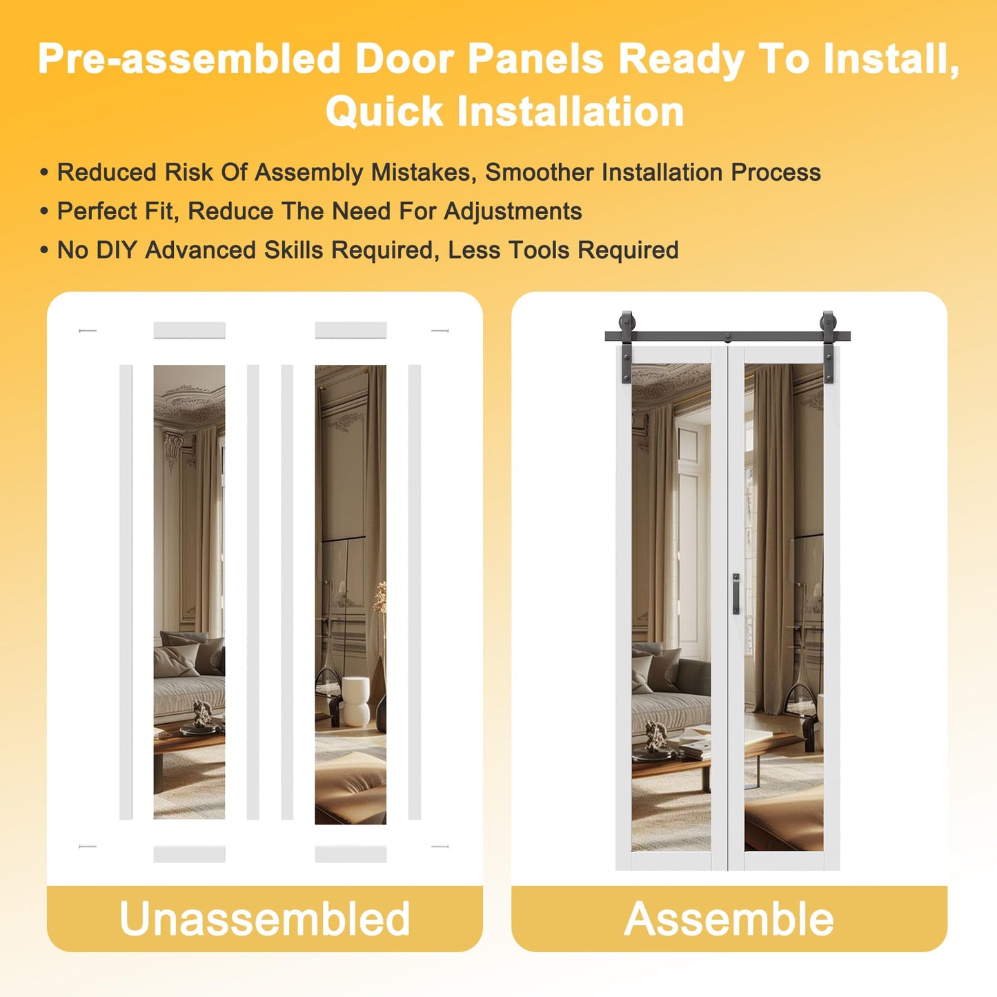 Pre-Assembled Solid Core Panels Bifold Barn Doors, Full-Length Mirrored Folding Barn Door Closet Doors, BiFold Barn Door with Hardware Kit for Interior Pantry Laundry Closet