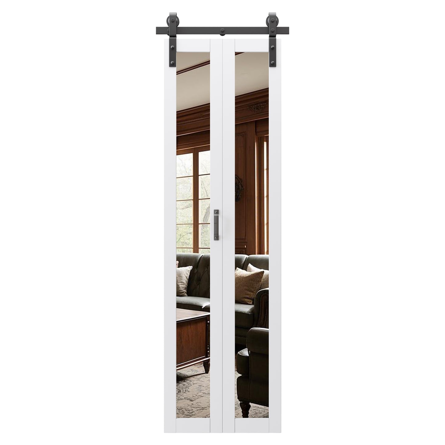 Pre-Assembled Solid Core Panels Bifold Barn Doors, Full-Length Mirrored Folding Barn Door Closet Doors, BiFold Barn Door with Hardware Kit for Interior Pantry Laundry Closet