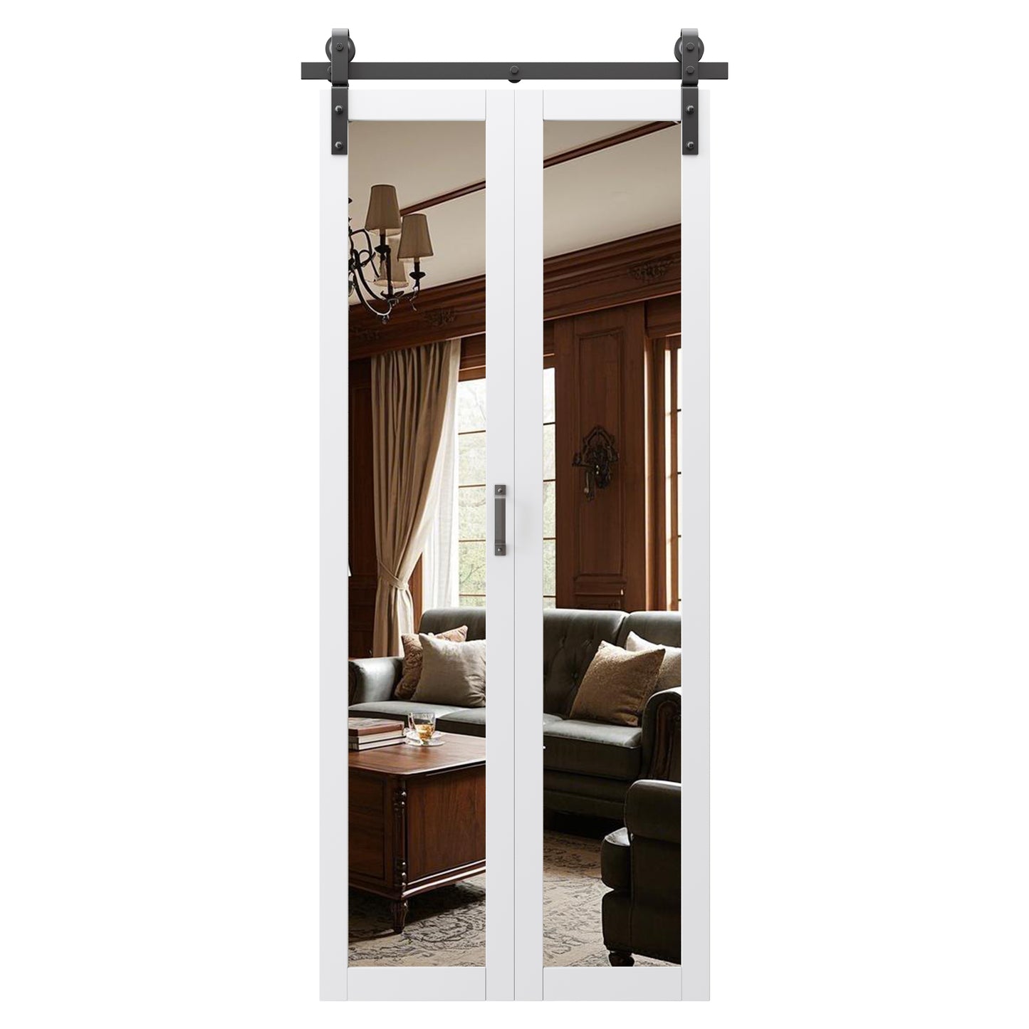Pre-Assembled Solid Core Panels Bifold Barn Doors, Full-Length Mirrored Folding Barn Door Closet Doors, BiFold Barn Door with Hardware Kit for Interior Pantry Laundry Closet