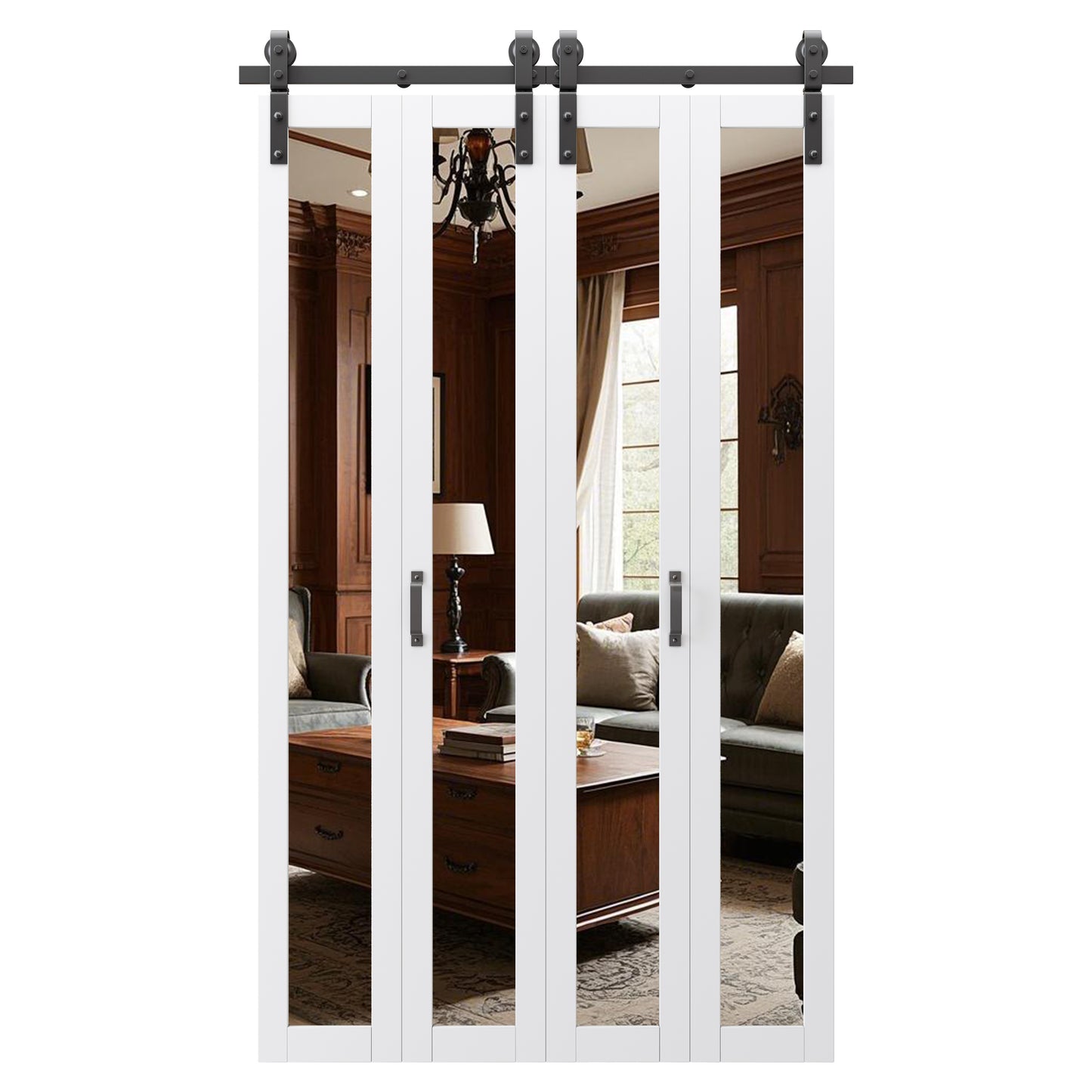 Pre-Assembled Solid Core Panels Bifold Barn Doors, Full-Length Mirrored Folding Barn Door Closet Doors, BiFold Barn Door with Hardware Kit for Interior Pantry Laundry Closet