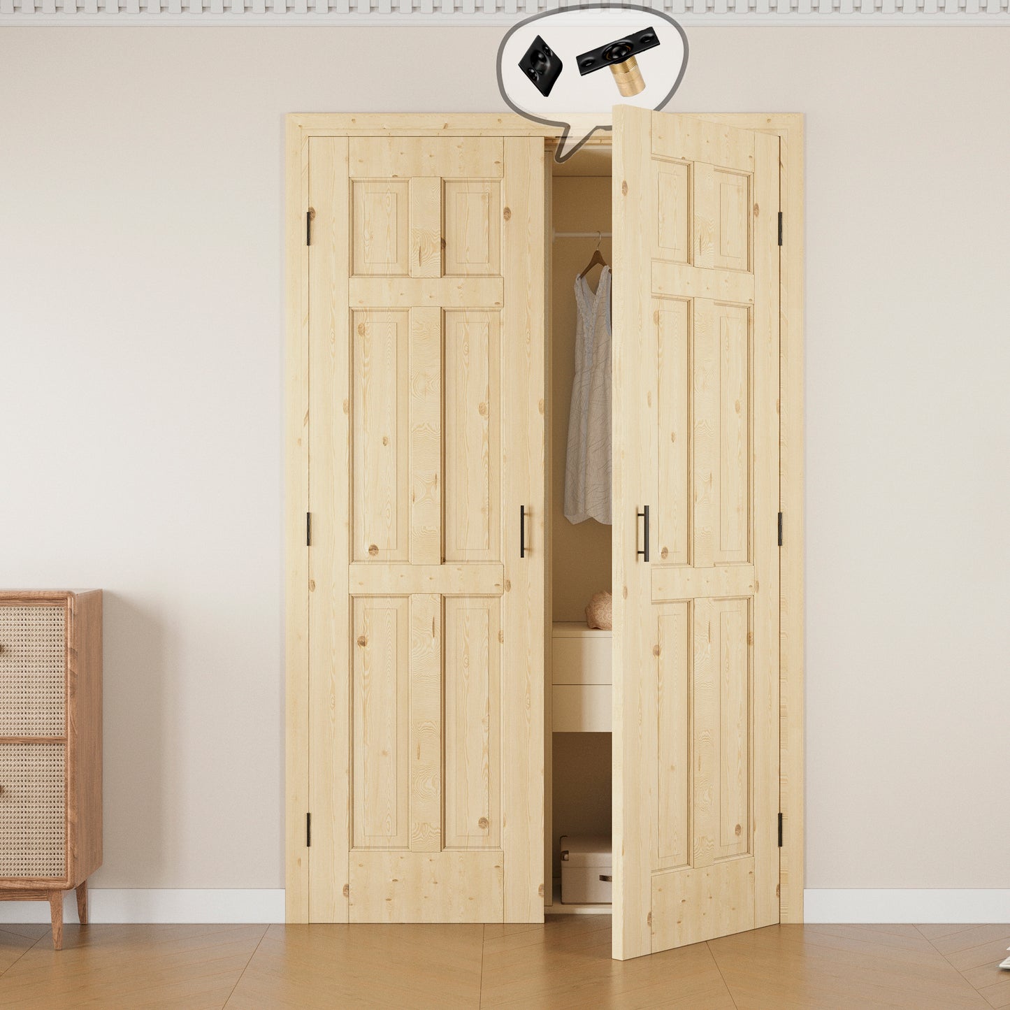 JUJUBON 6-Panel Pine Wood Solid Core Unfinished French Door Panels with Black Ball Catch, with Ready-to-Assemble Jamb