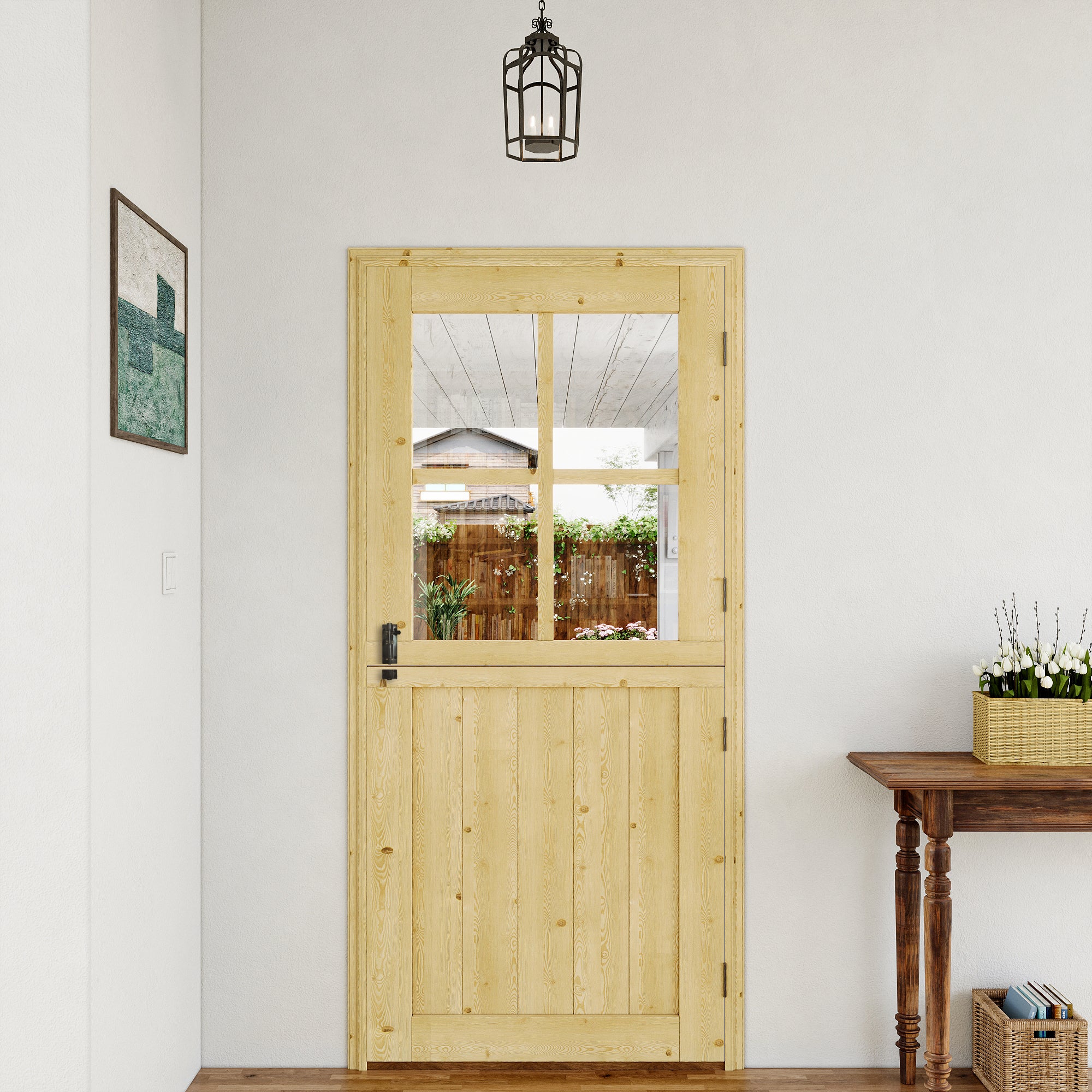 JUJUBON Exterior Dutch Door Slab, Universal 4 Lite Tempered Clear Glass Split Single Doors, Solid Core Home Door, Natural Pine Wood - with 4 Black Hinges & 1 Latch, Without Jamb