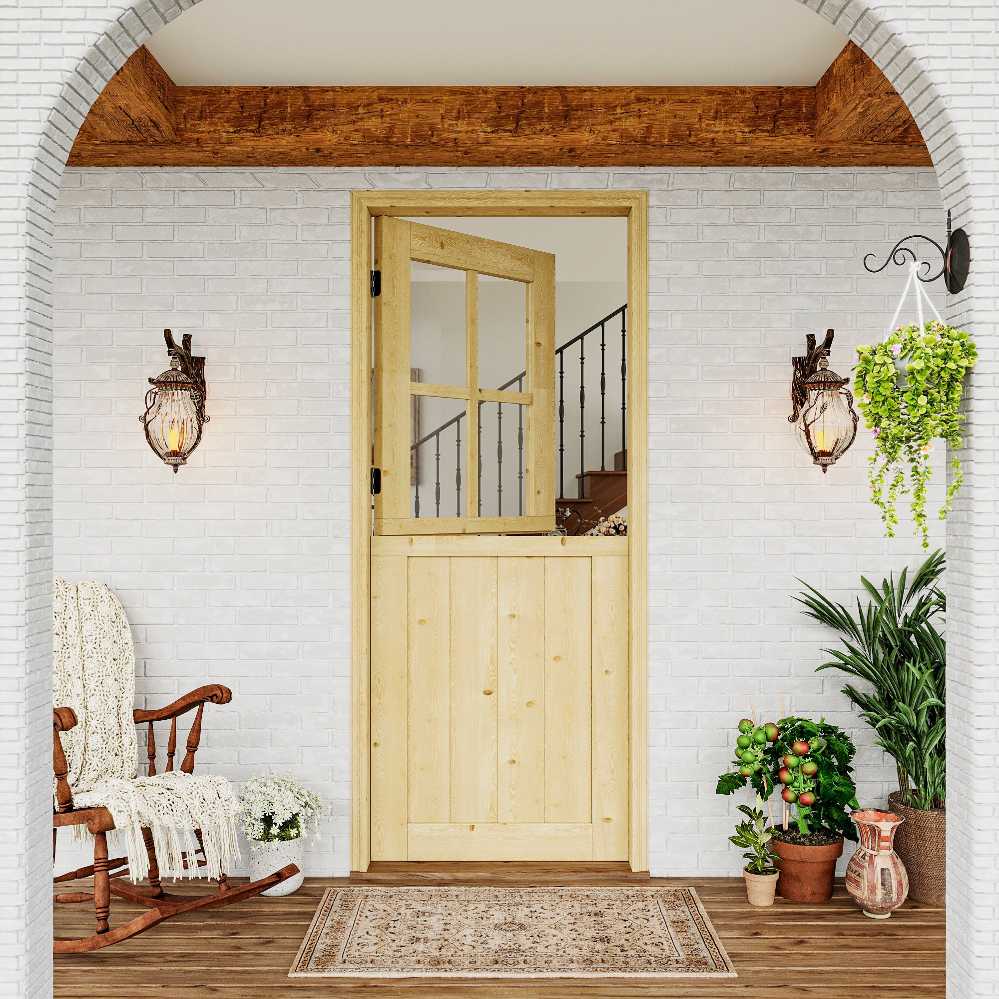 JUJUBON Exterior Dutch Door Slab, Universal 4 Lite Tempered Clear Glass Split Single Doors, Solid Core Home Door, Natural Pine Wood - with 4 Black Hinges & 1 Latch, Without Jamb