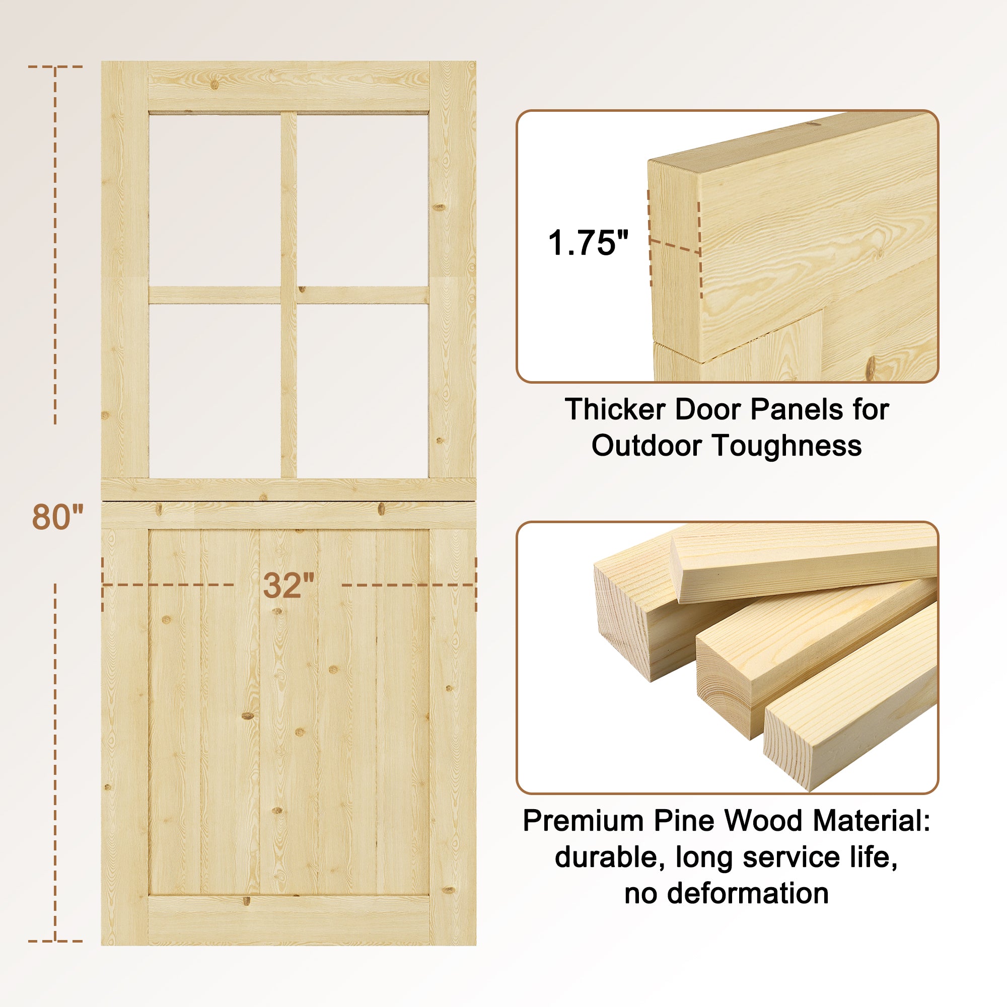 JUJUBON Exterior Dutch Door Slab, Universal 4 Lite Tempered Clear Glass Split Single Doors, Solid Core Home Door, Natural Pine Wood - with 4 Black Hinges & 1 Latch, Without Jamb