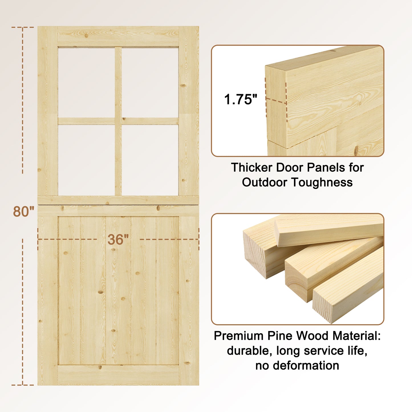 JUJUBON Exterior Dutch Door Slab, Universal 4 Lite Tempered Clear Glass Split Single Doors, Solid Core Home Door, Natural Pine Wood - with 4 Black Hinges & 1 Latch, Without Jamb