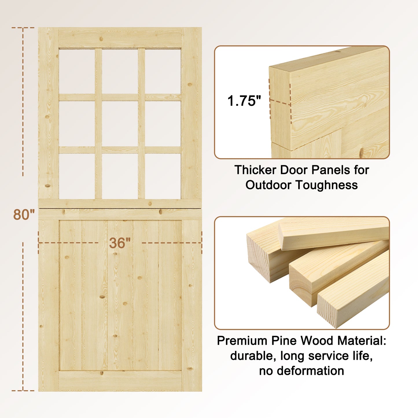 JUJUBON Exterior Prehung Dutch Door, Universal 9 Lite Tempered Clear Glass Split Single Doors, Solid Core Home Entry Door, Natural Pine Wood - with 4 Hinges & 1 Latch & Jamb, Jamb Assembly Needed