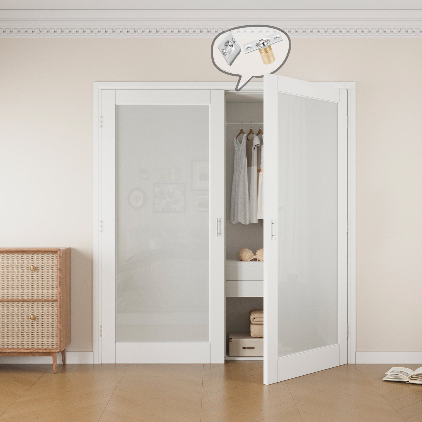Jujubon 1-Lite Frosted Glass White Solid Core Finished Glass French Door Panels with Silver Ball Catch, with Ready-to-Assemble Jamb