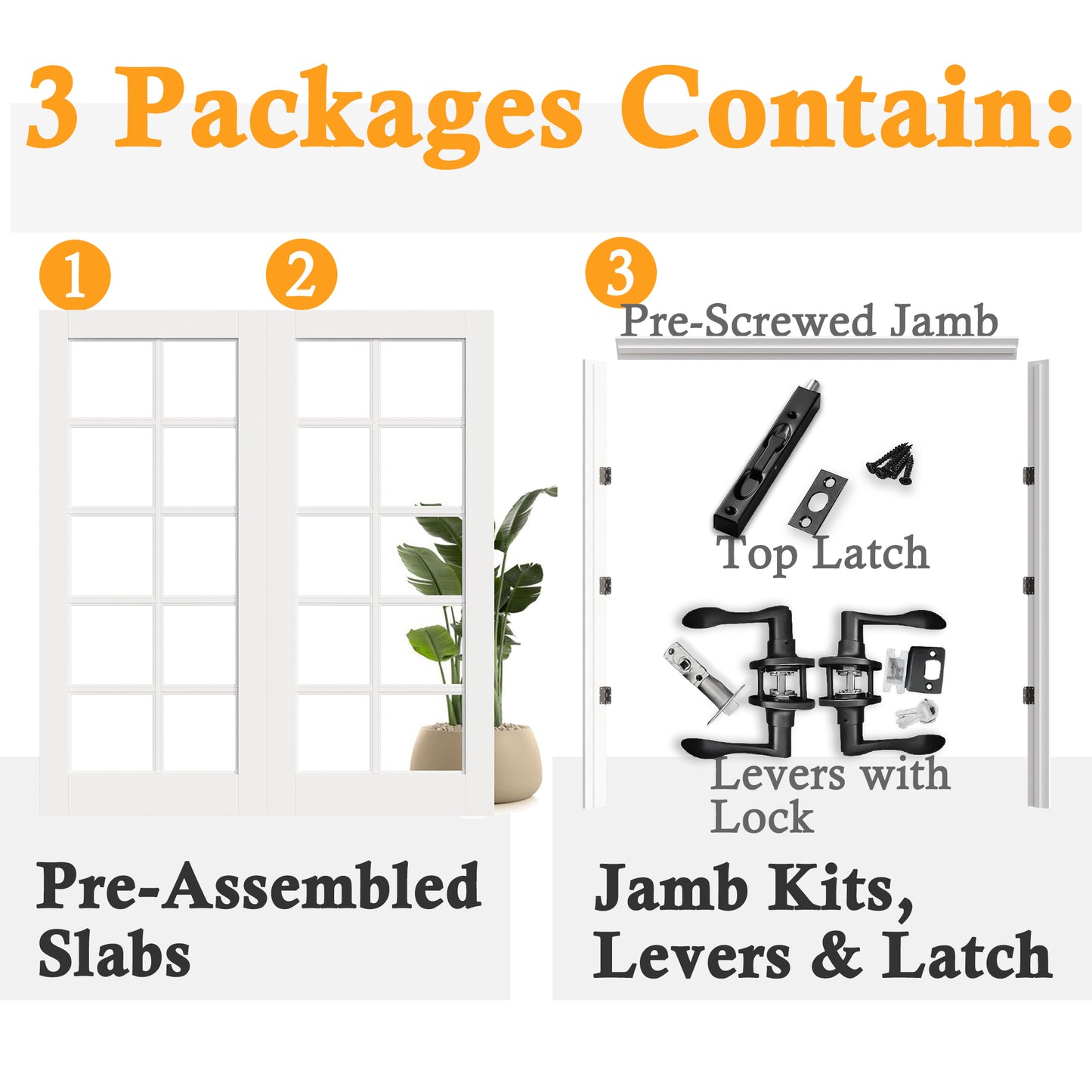 JUJUBON Prehung French Door, 10-Lite Tempered Clear Glass Door Slabs with Jamb, Black Hinges, 4 Levers & Latch, Solid Core Interior Doors, Pre-Finished & Paintable,Double Doors Interior