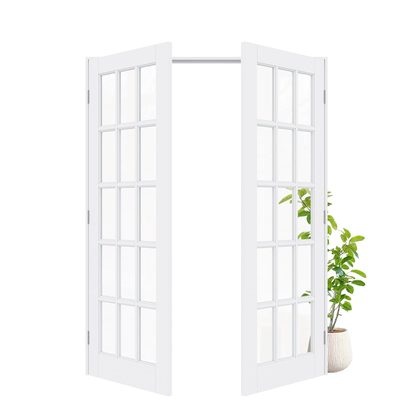Jujubon 15-Lite Clear Glass French Door with Hardware Kit & Ready-to-Assemble Jamb, Solid Core MDF Wood, White