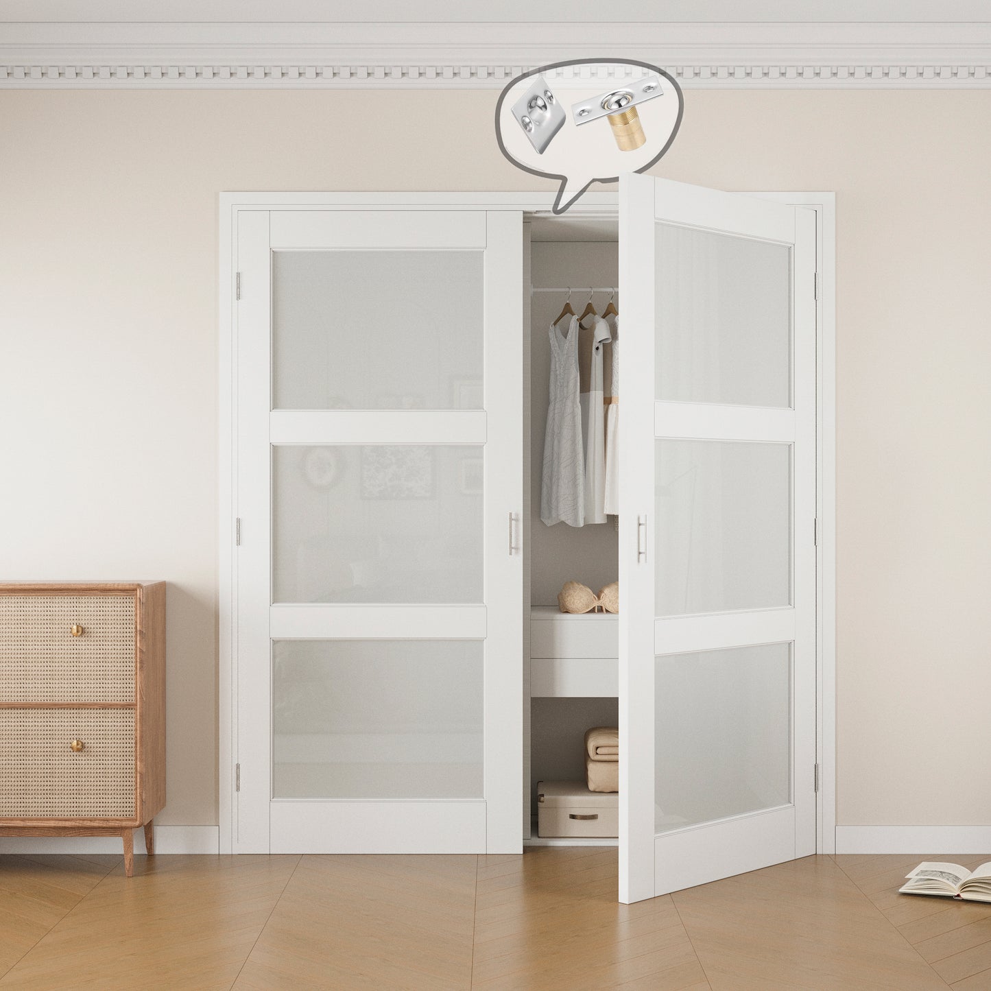 Jujubon 3-Lite Frosted Glass White Solid Core Finished Glass French Door Panels with Silver Ball Catch, with Ready-to-Assemble Jamb