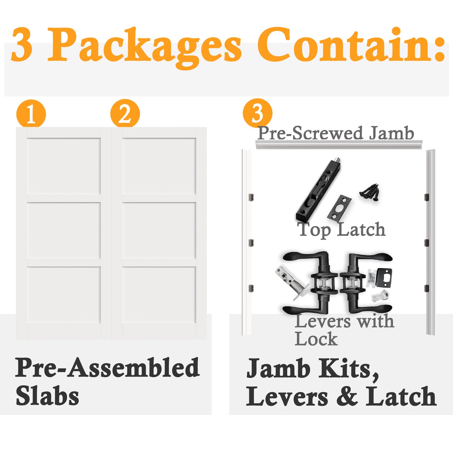 JUJUBON Prehung French Door, 3 Panel Solid Core Door Slabs with Jamb, Black Hinges, 4 Levers & Latch, Solid Core Interior Doors, Pre-Finished & Paintable, MDF Double Doors Interior