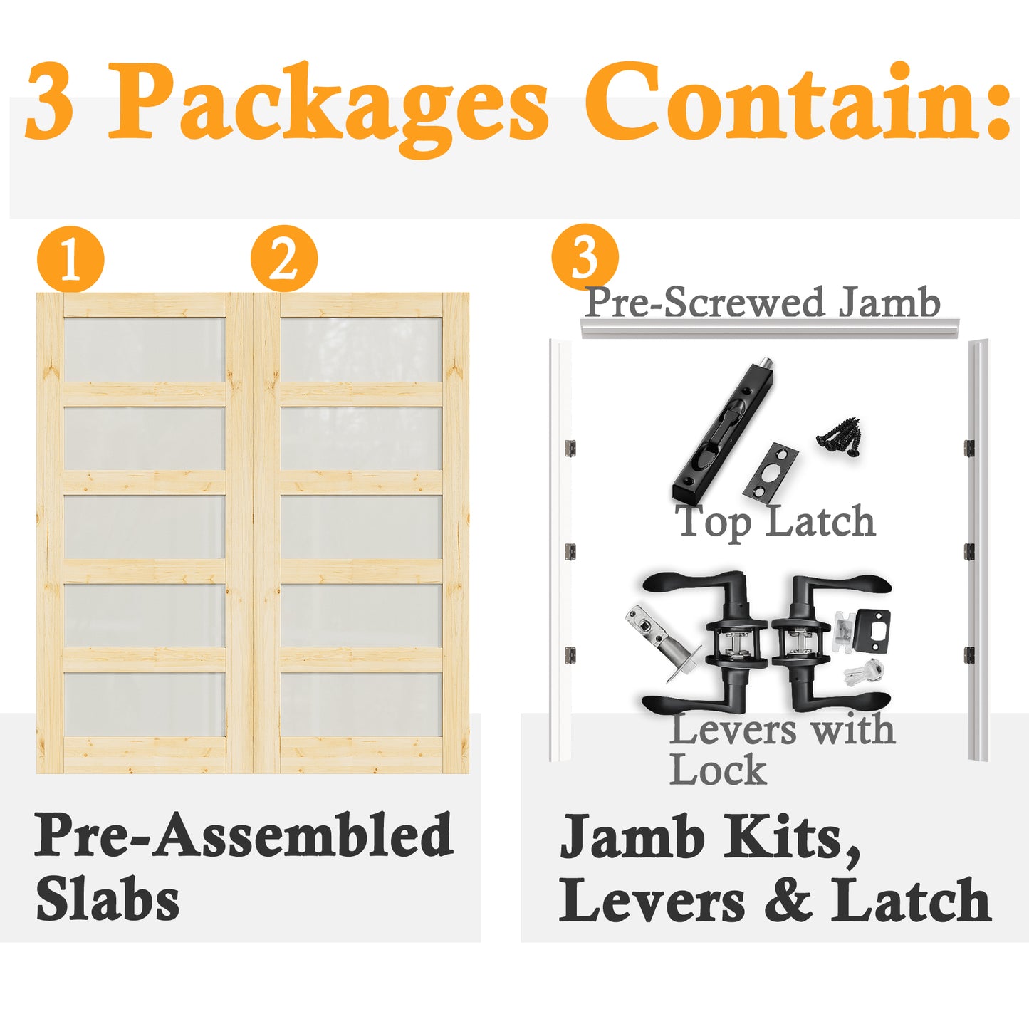 JUJUBON Prehung French Door, 5-Lite Tempered Frosted Glass & Pine Wood Door Slabs with Jamb, Black Hinges, 4 Levers & Latch, Solid Core Interior Doors, Unfinished Double Doors Interior