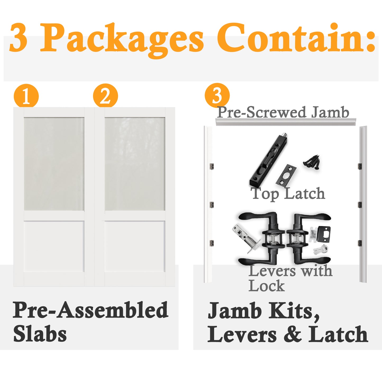 JUJUBON Prehung French Door, Half Tempered Frosted Glass Door Slabs with Jamb, Black Hinges, 4 Levers & Latch, Solid Core Interior Doors, Pre-Finished & Paintable, MDF Double Doors Interior