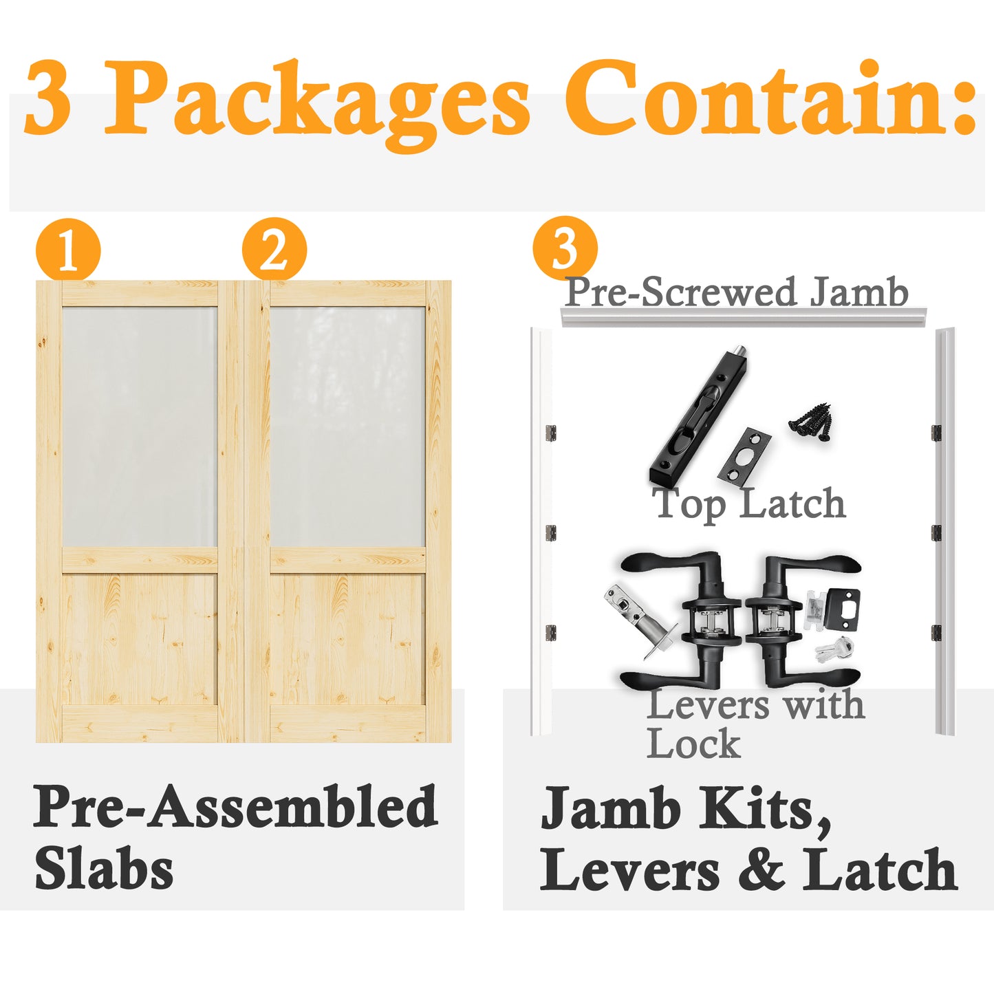 JUJUBON Prehung French Door, Half Tempered Frosted Glass & Pine Wood Door Slabs with Jamb, Black Hinges, 4 Levers & Latch, Solid Core Interior Doors, Unfinished Double Doors Interior
