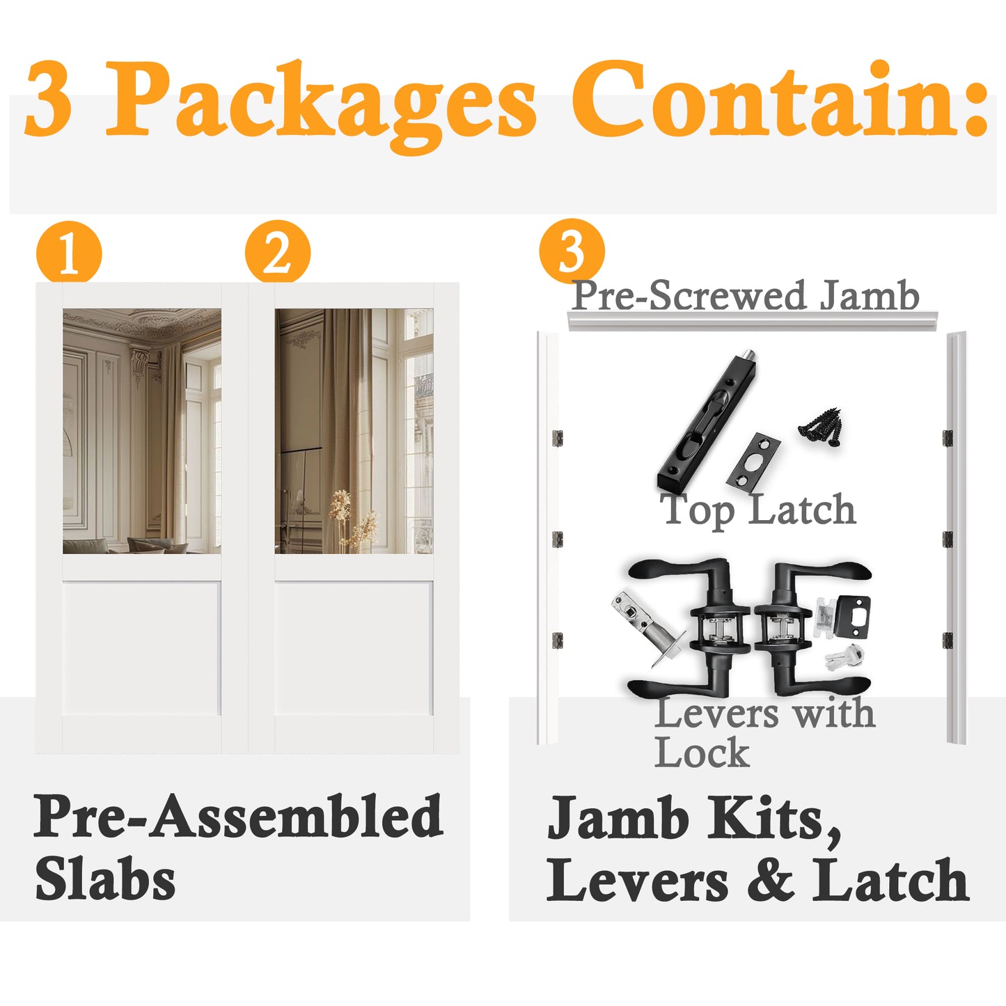 Jujubon 15-Lite Clear Glass French Door with Hardware Kit & Ready-to-Assemble Jamb, Solid Core MDF Wood, White
