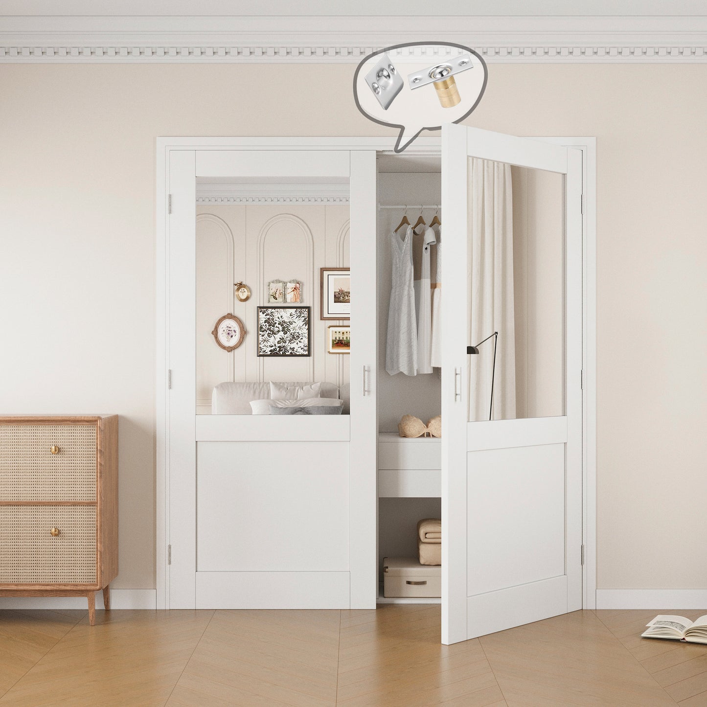 Jujubon Half-Lite Mirror White Solid Core Finished Glass French Door Panels with Silver Ball Catch, with Ready-to-Assemble Jamb