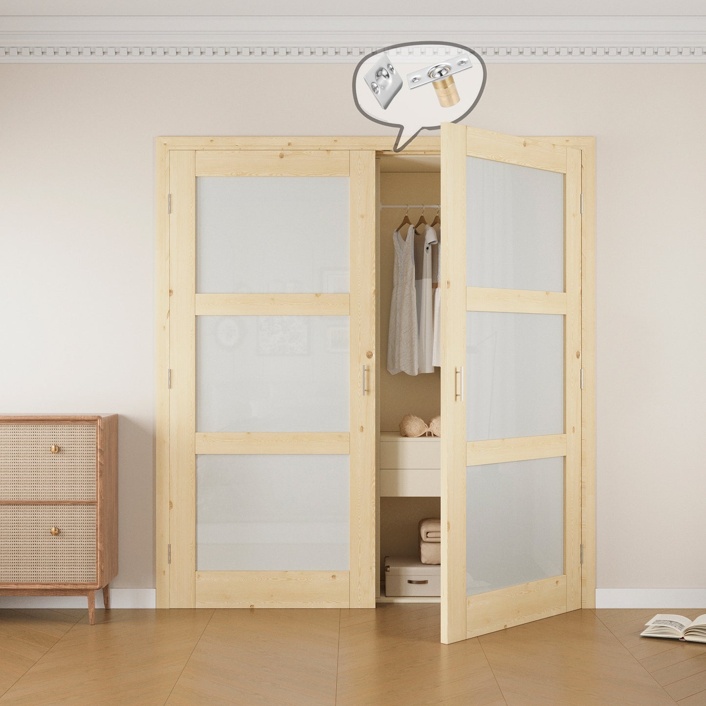 Jujubon 3-Lite Frosted Glass Pine Wood Solid Core Finished Glass French Door Panels with Silver Ball Catch, with Ready-to-Assemble Jamb