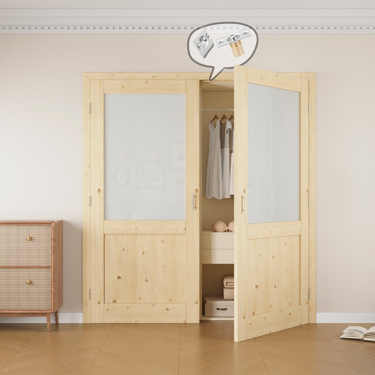 Jujubon Half-Lite Frosted Glass Pine Wood Solid Core Finished Glass French Door Panels with Silver Ball Catch, with Ready-to-Assemble Jamb