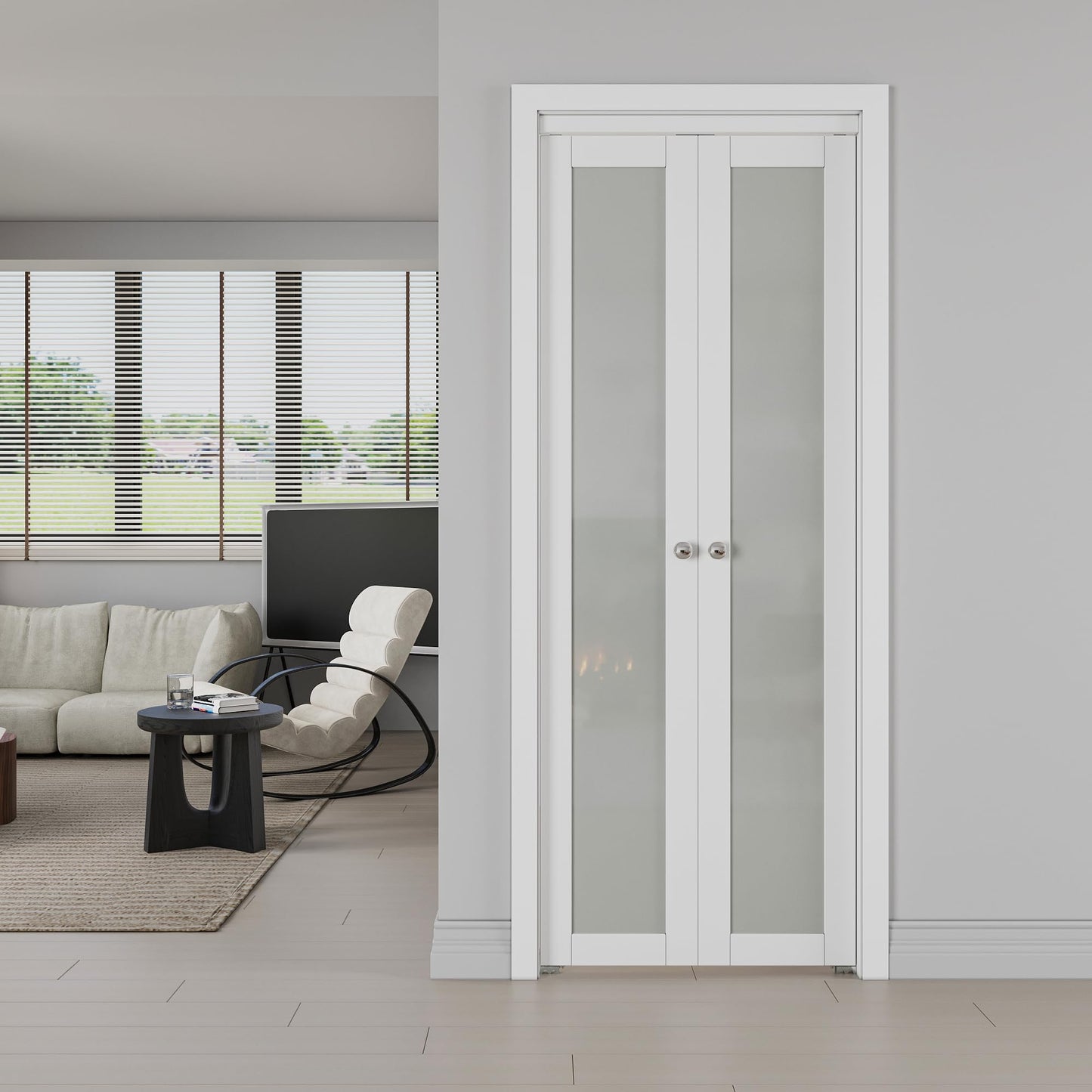 JUJUBON Pivot French Doors, Frosted Glass Panel with Hardware Kit, Solid Core MDF Wood & PVC Covered Finished, White Closet Door