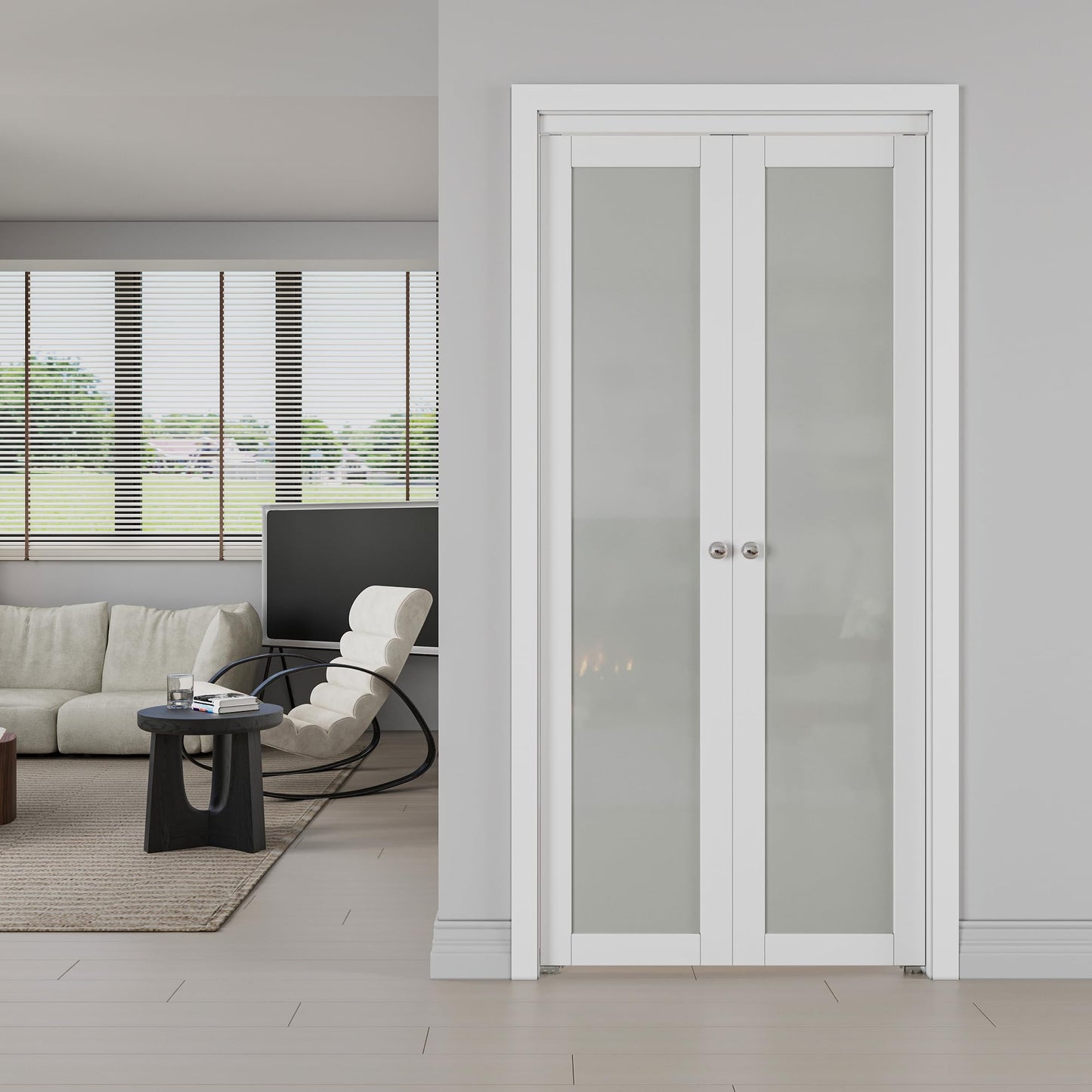 JUJUBON Pivot French Doors, Frosted Glass Panel with Hardware Kit, Solid Core MDF Wood & PVC Covered Finished, White Closet Door