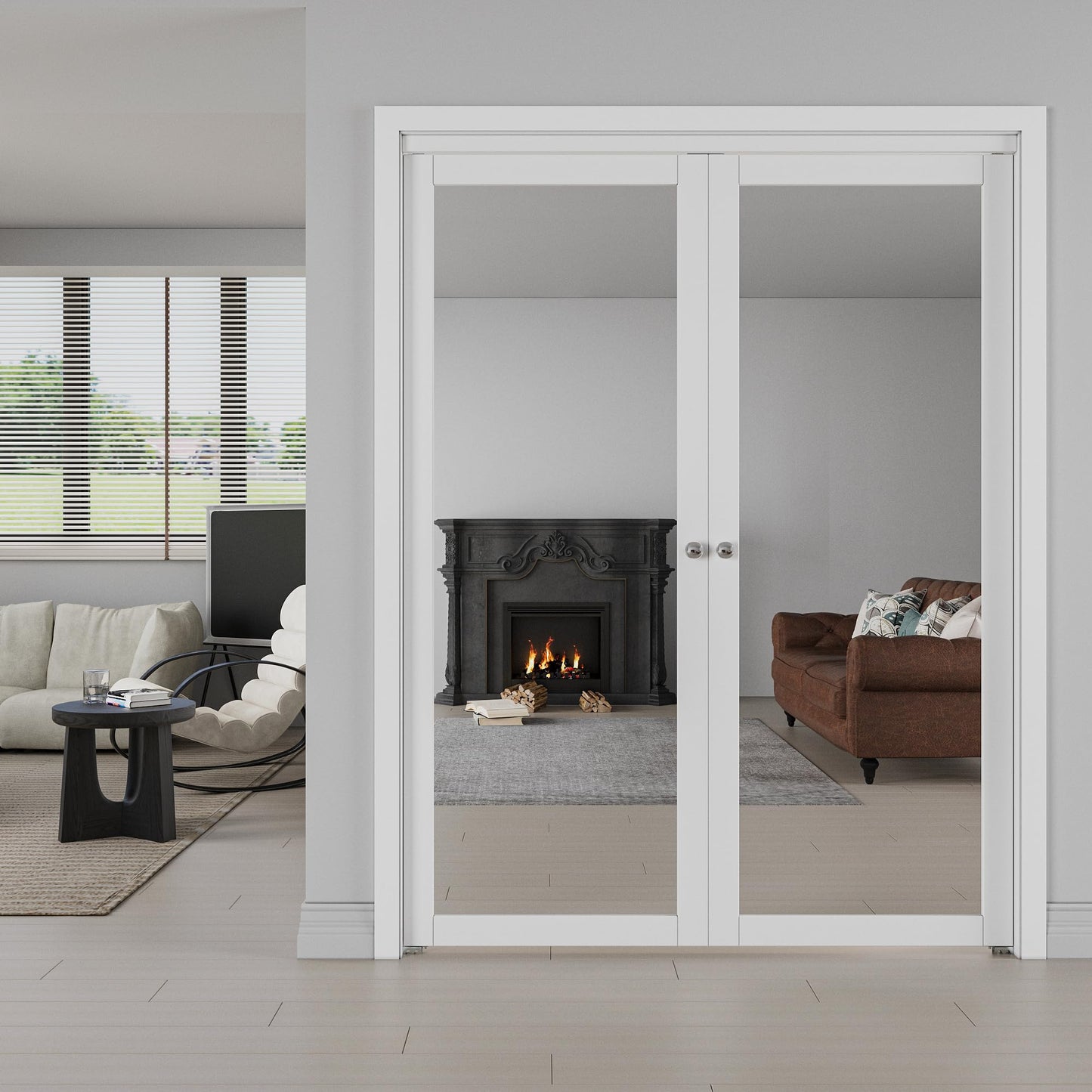 JUJUBON Pivot French Doors, Mirrored & Solid Core MDF Wood Closet Door, White