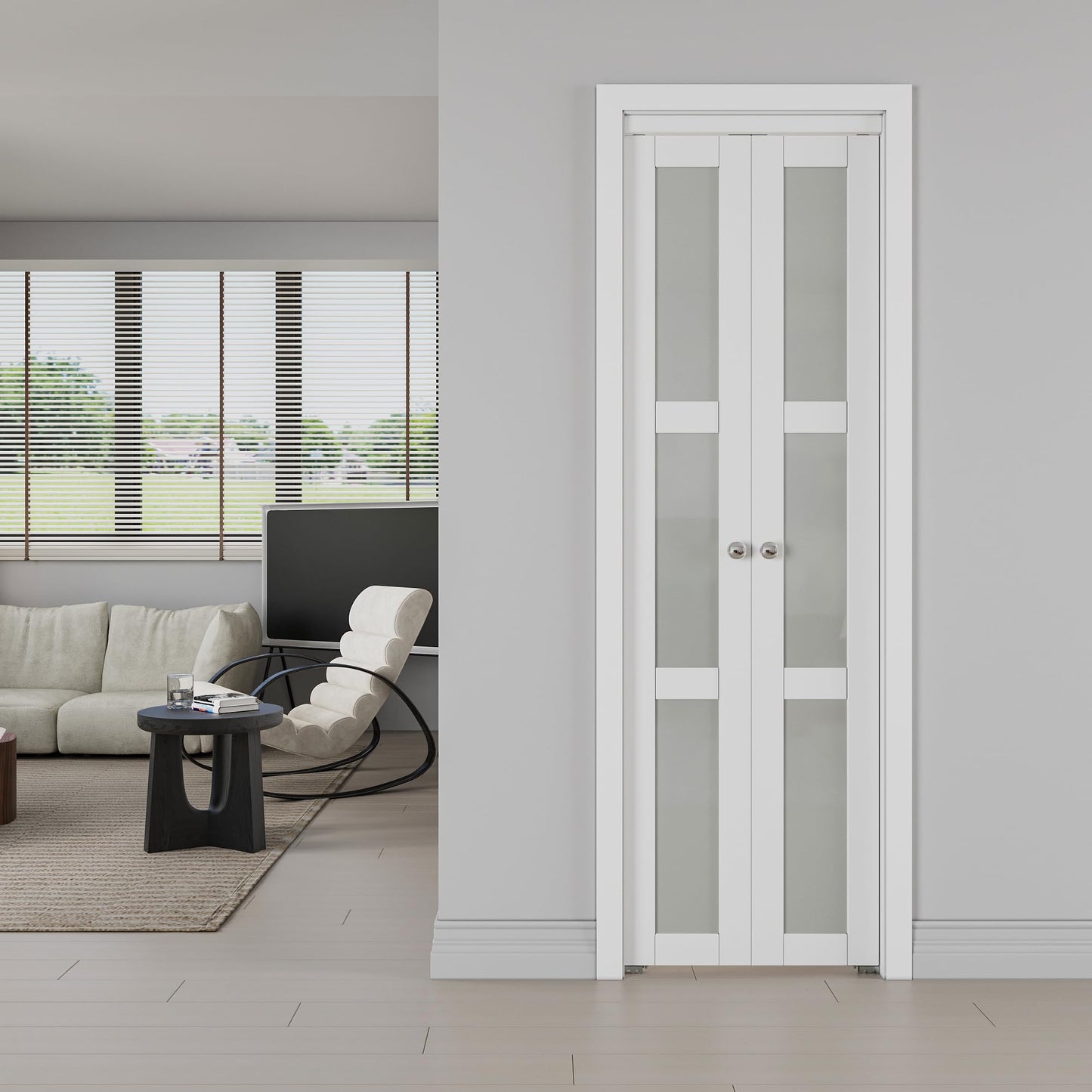 JUJUBON Pivot French Doors, 3-Lite Frosted Glass, White Closet Doors