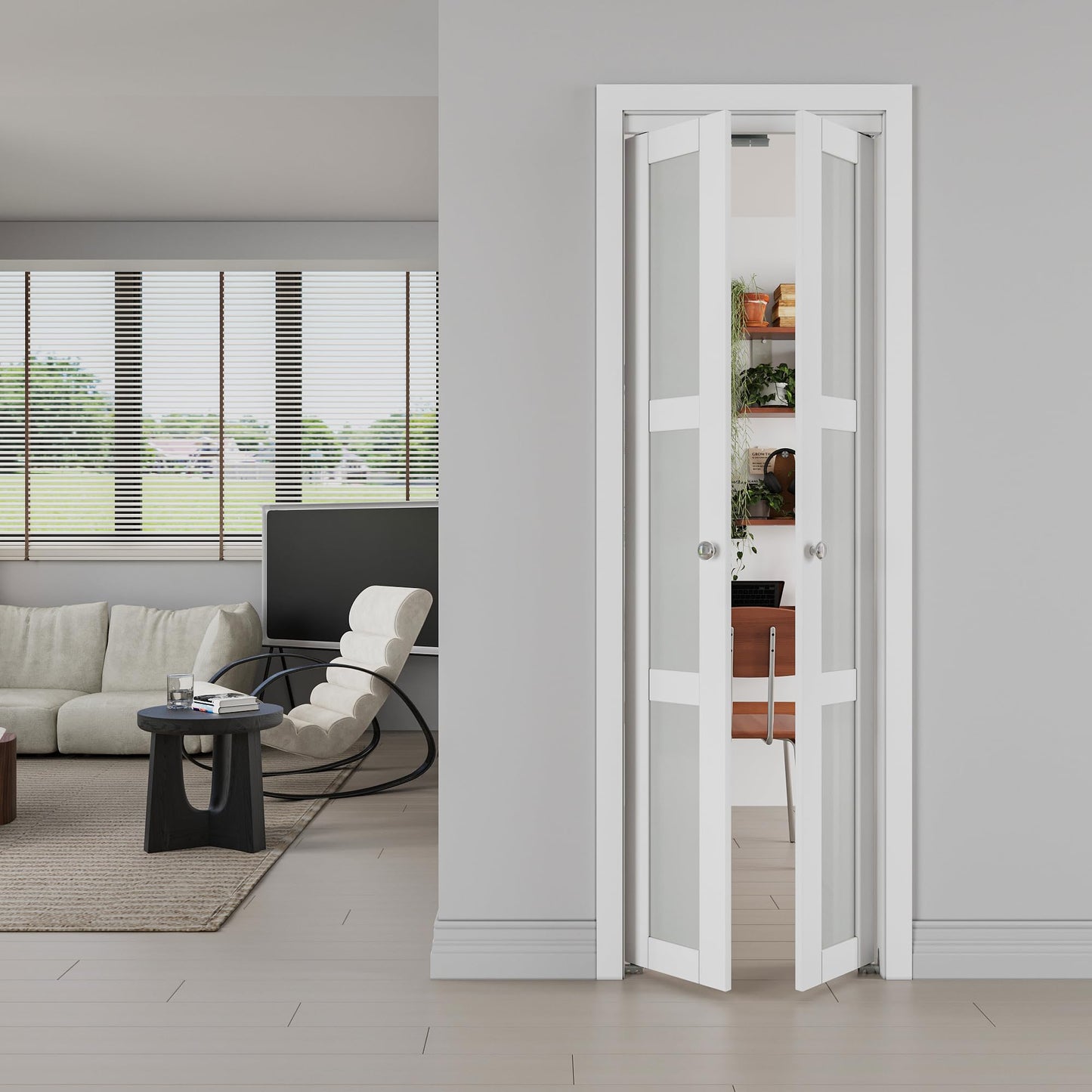 JUJUBON Pivot French Doors, 3-Lite Frosted Glass,Solid Core MDF Wood & PVC Covered Finished, White Closet Doors