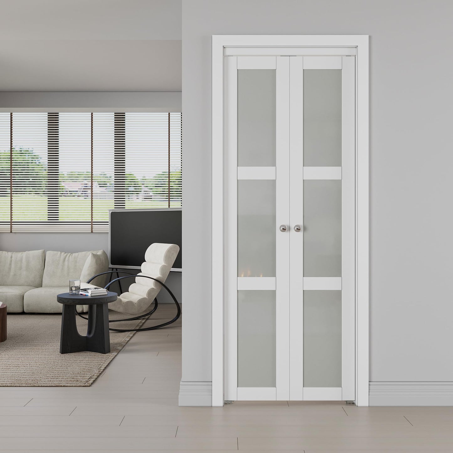 JUJUBON Pivot French Doors, 3-Lite Frosted Glass,Solid Core MDF Wood & PVC Covered Finished, White Closet Doors